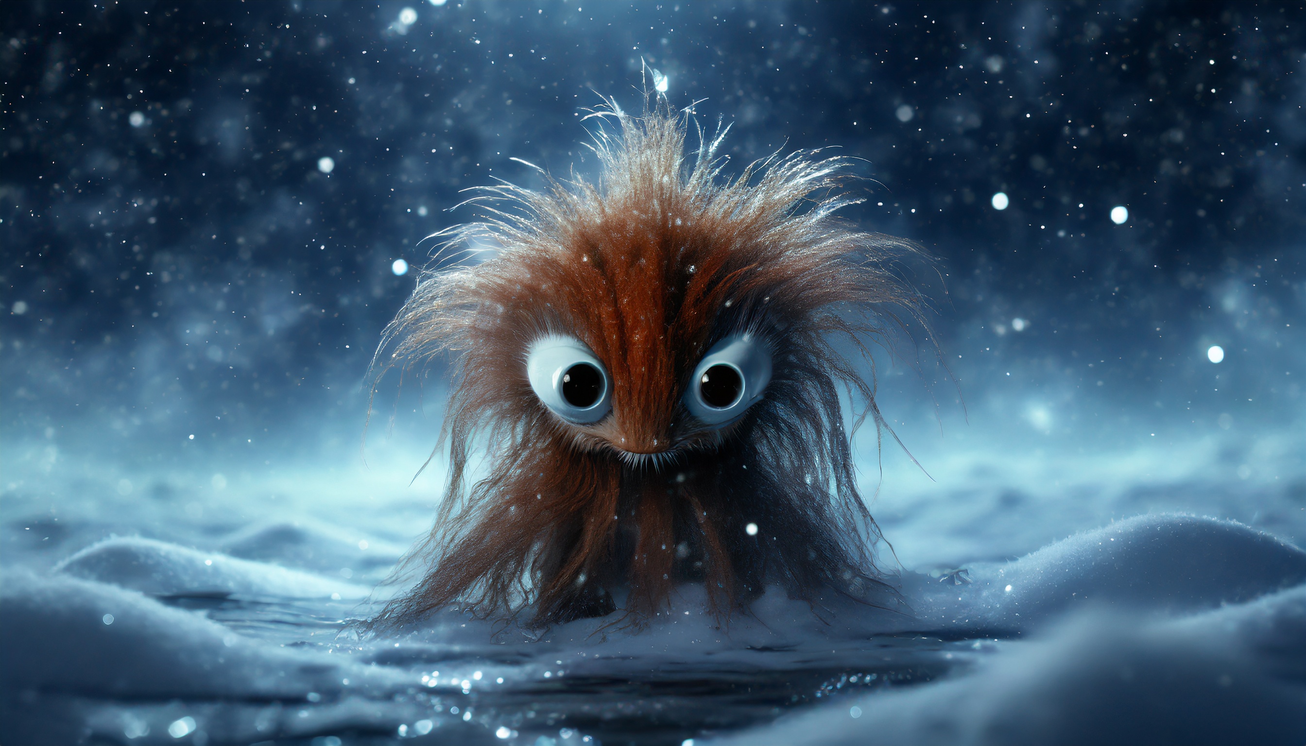 Firefly a cutie alien monster with long hair and big eyes emerge from a red blood sea in a dark univ-2