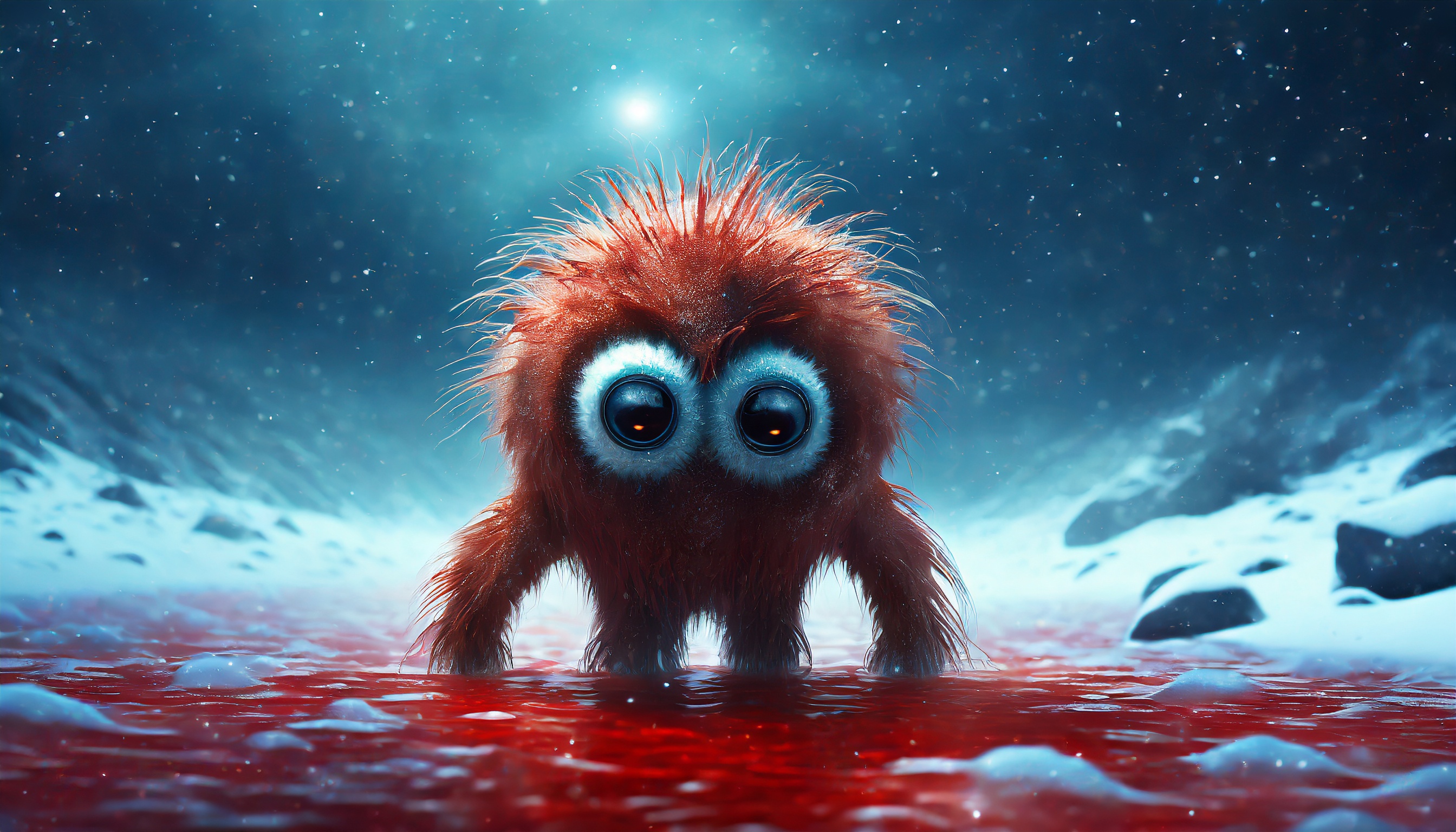 Firefly a cutie alien monster with long hair and big eyes emerge from a red blood sea in a dark univ-3