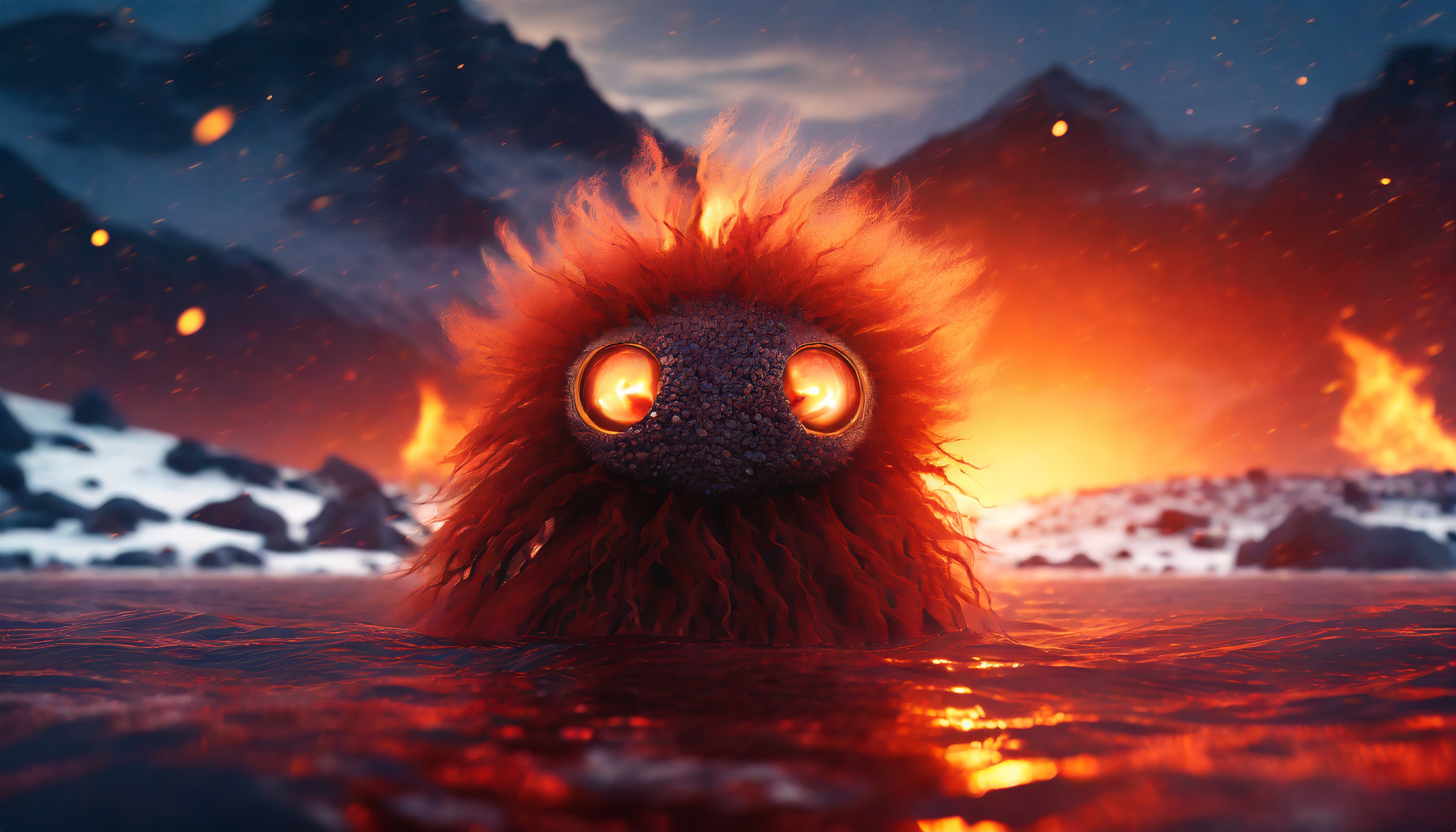 Firefly a cutie alien monster with long hair and big eyes emerge from a red blood sea in a dark univ-4