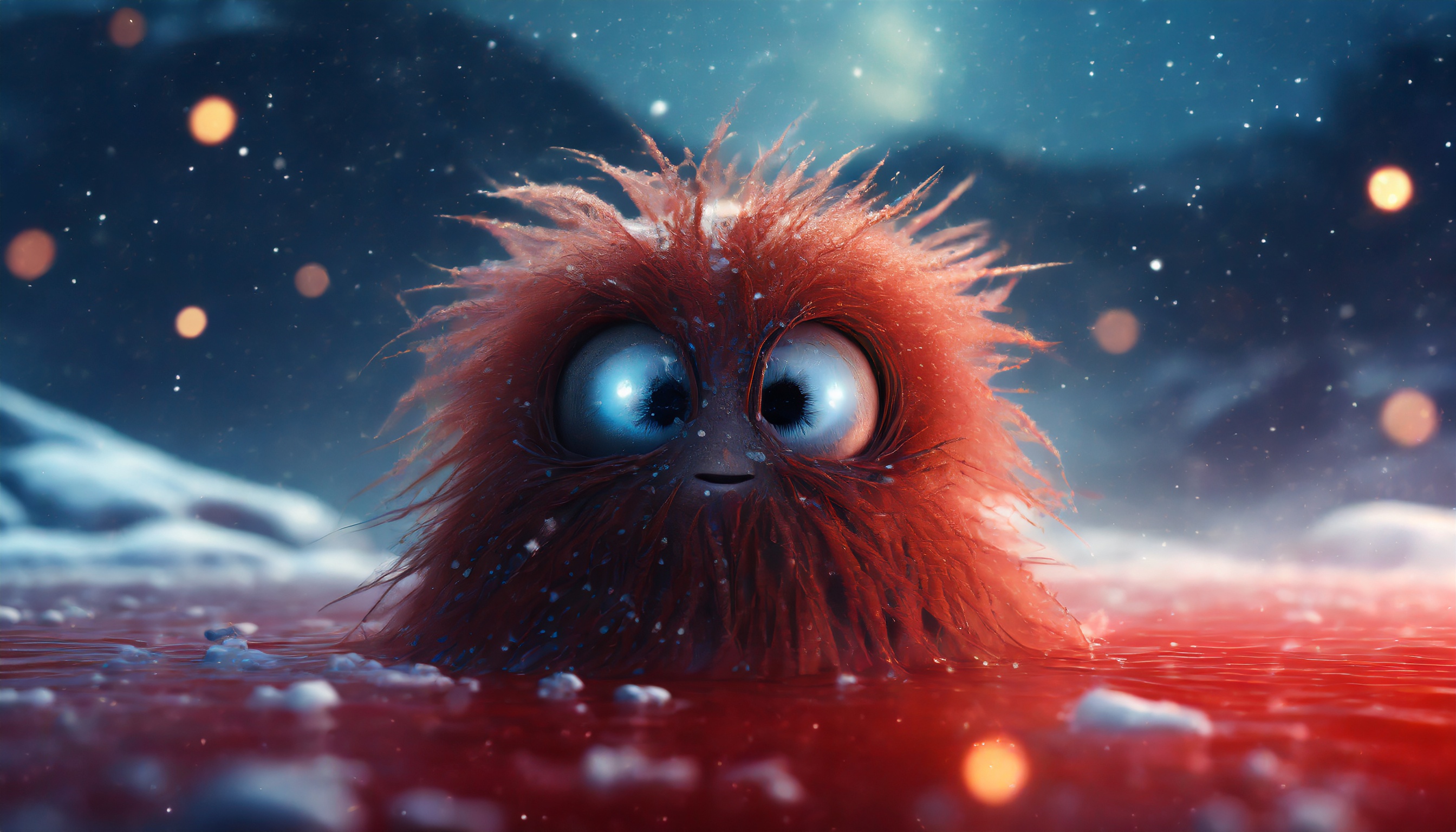Firefly a cutie alien monster with long hair and big eyes emerge from a red blood sea in a dark univ