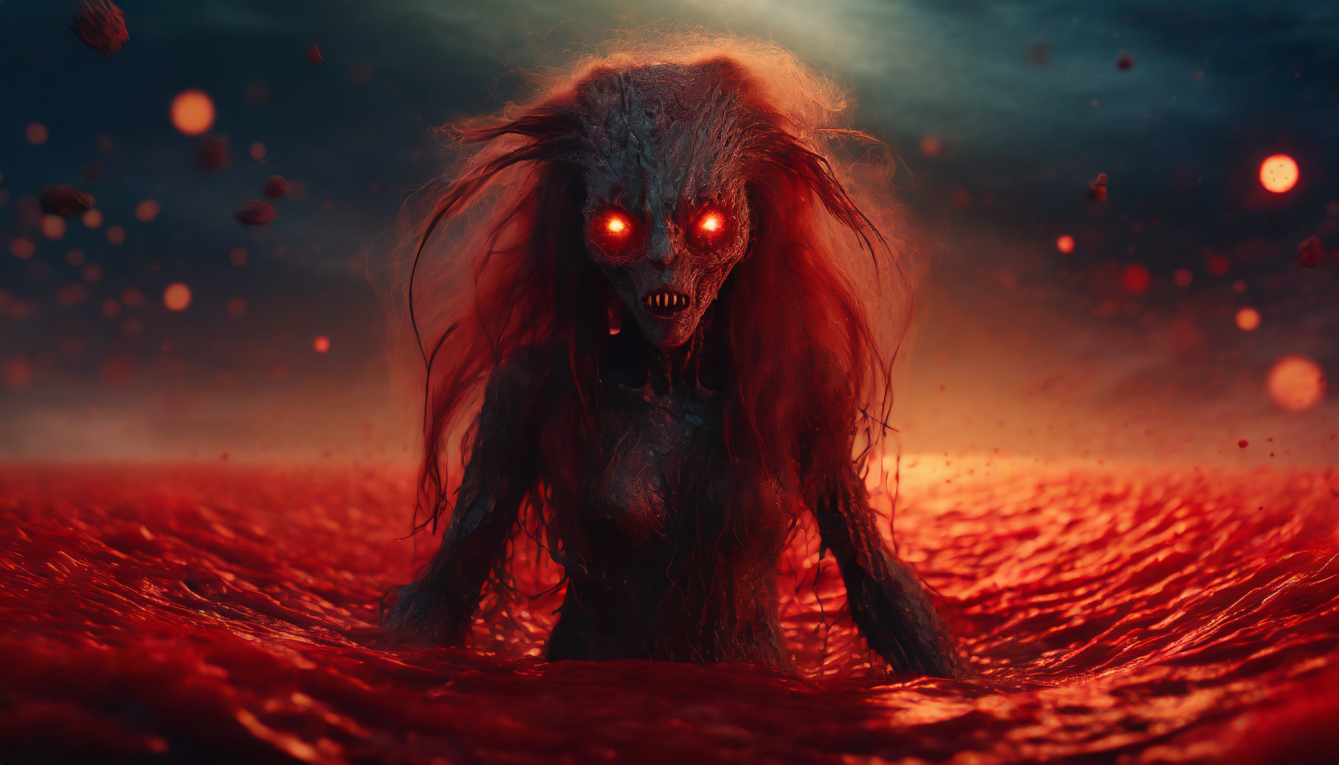 Firefly a cutie alien monster zombie with long hair emerge from a red blood sea in a dark universe.