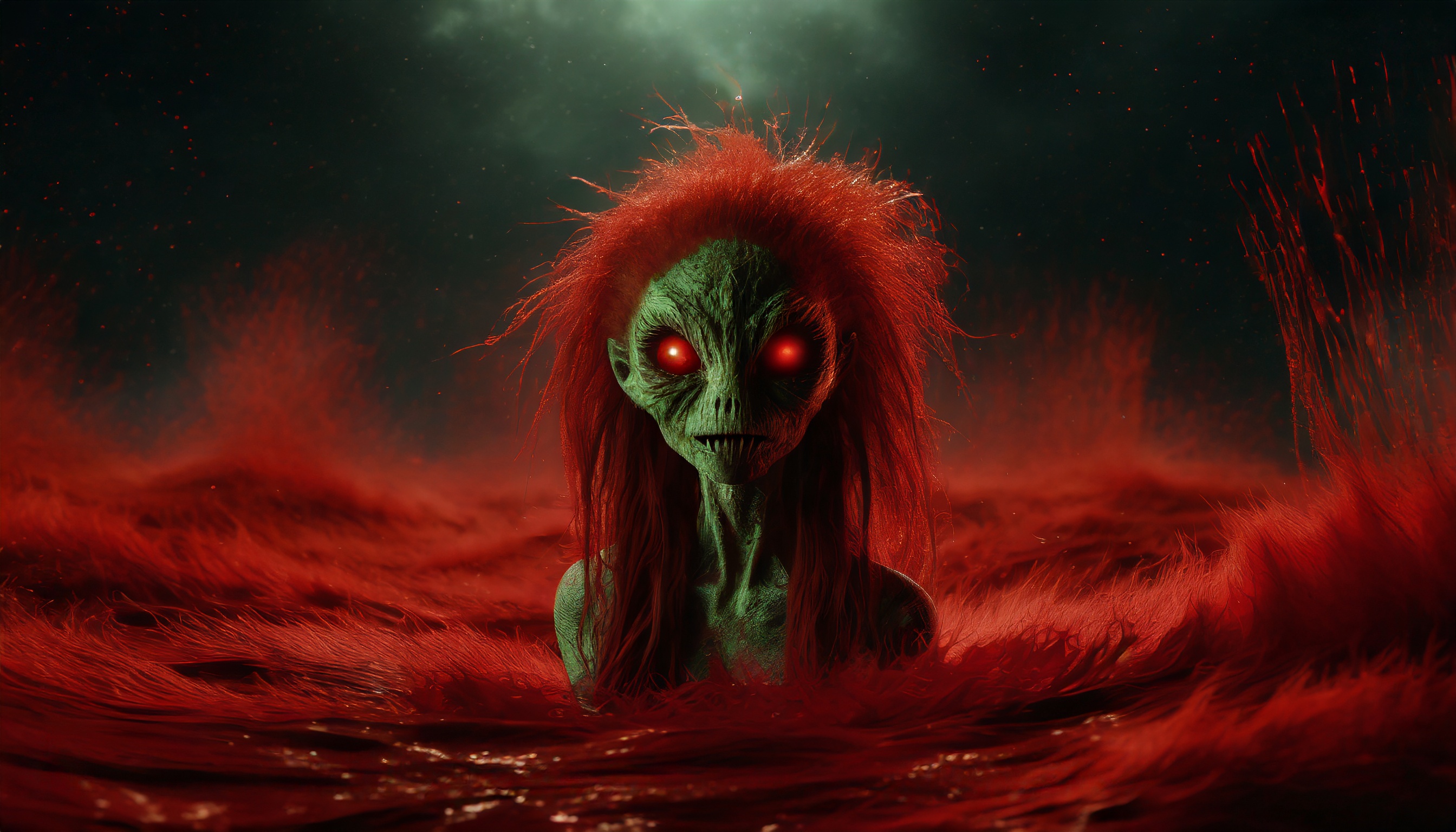 Firefly a cutie alien monster zombie with long hair emerge from a red blood sea in a dark universe. -2