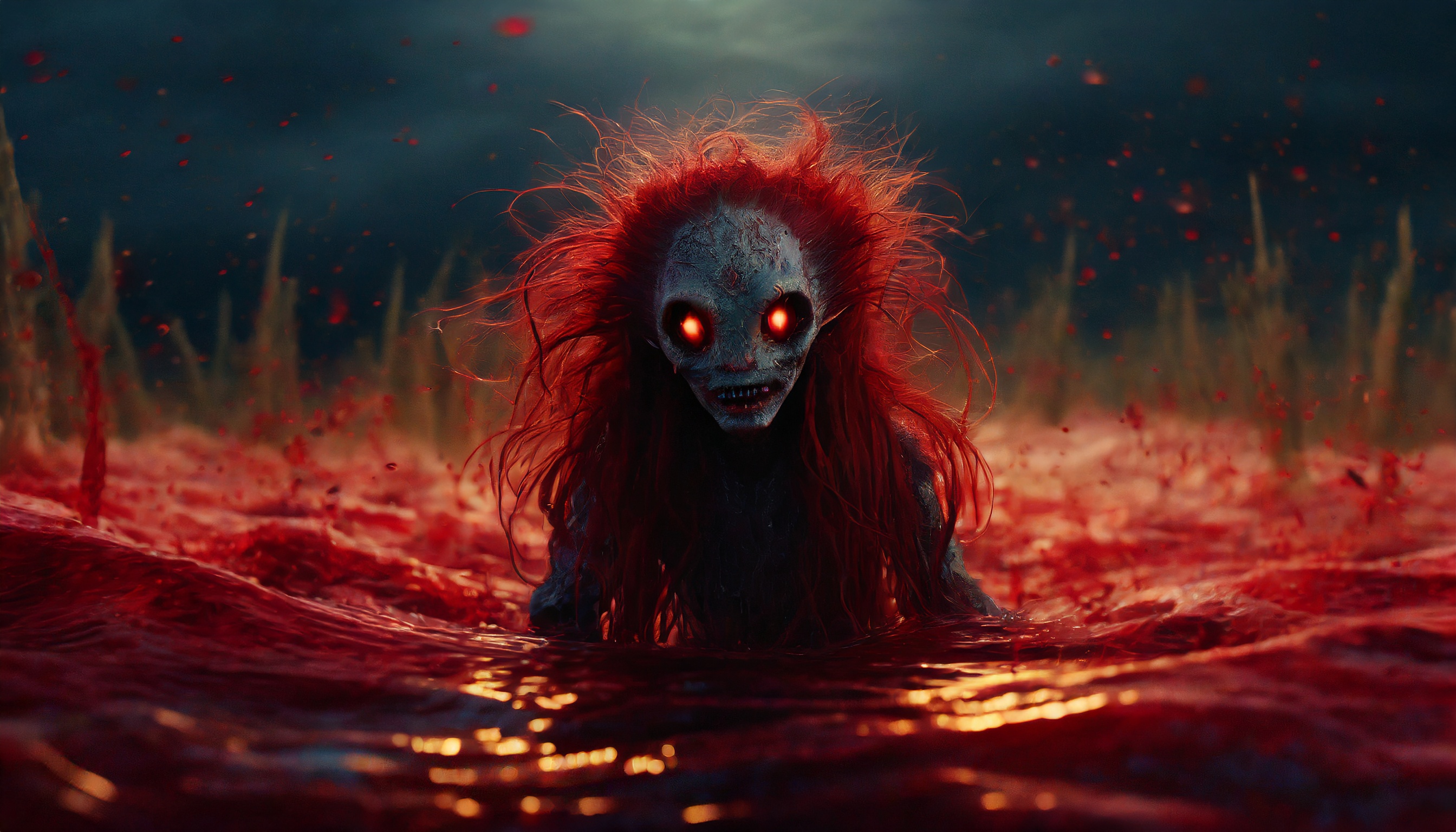 Firefly a cutie alien monster zombie with long hair emerge from a red blood sea in a dark universe. -3