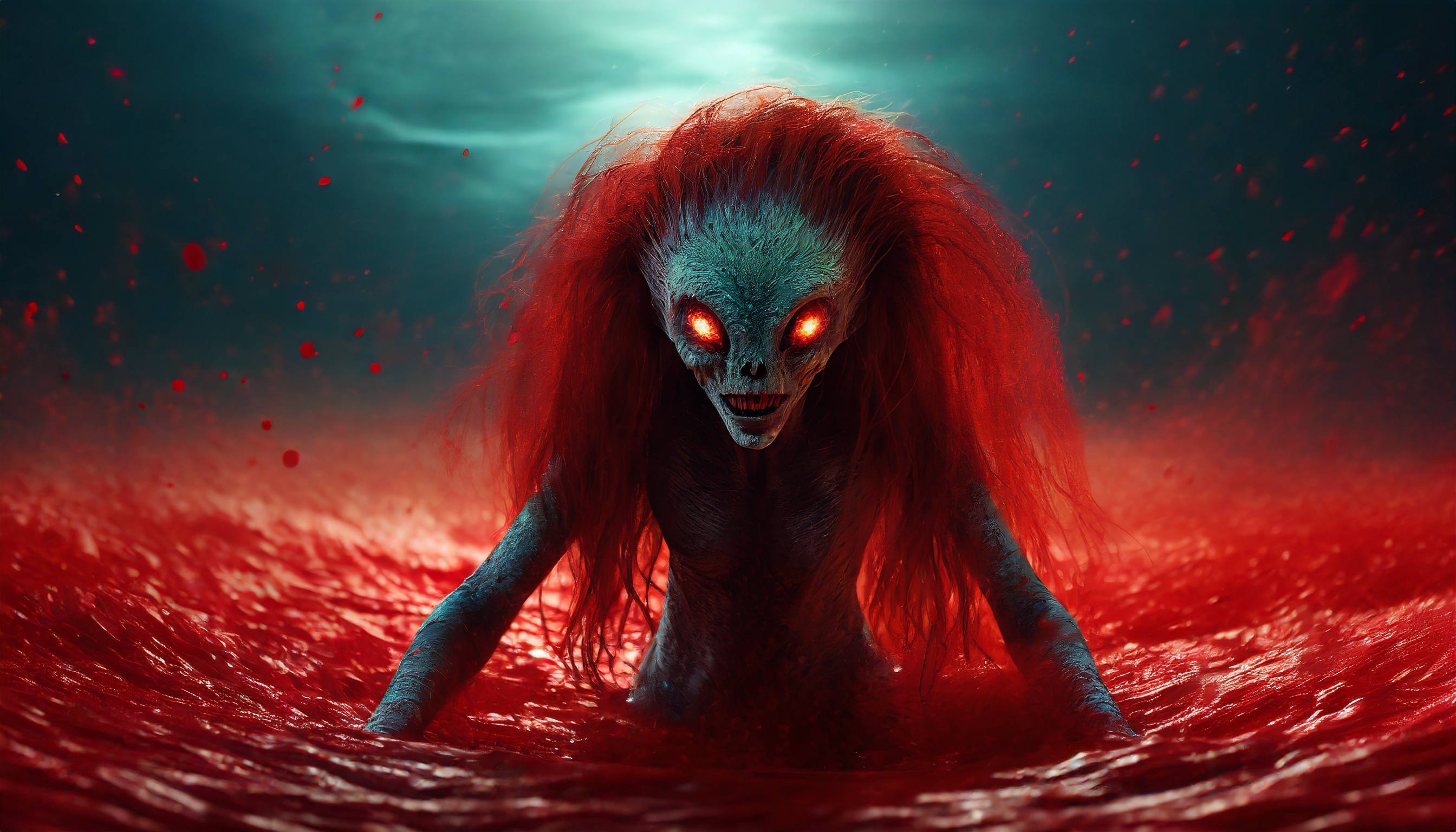 Firefly a cutie alien monster zombie with long hair emerge from a red blood sea in a dark universe. -4