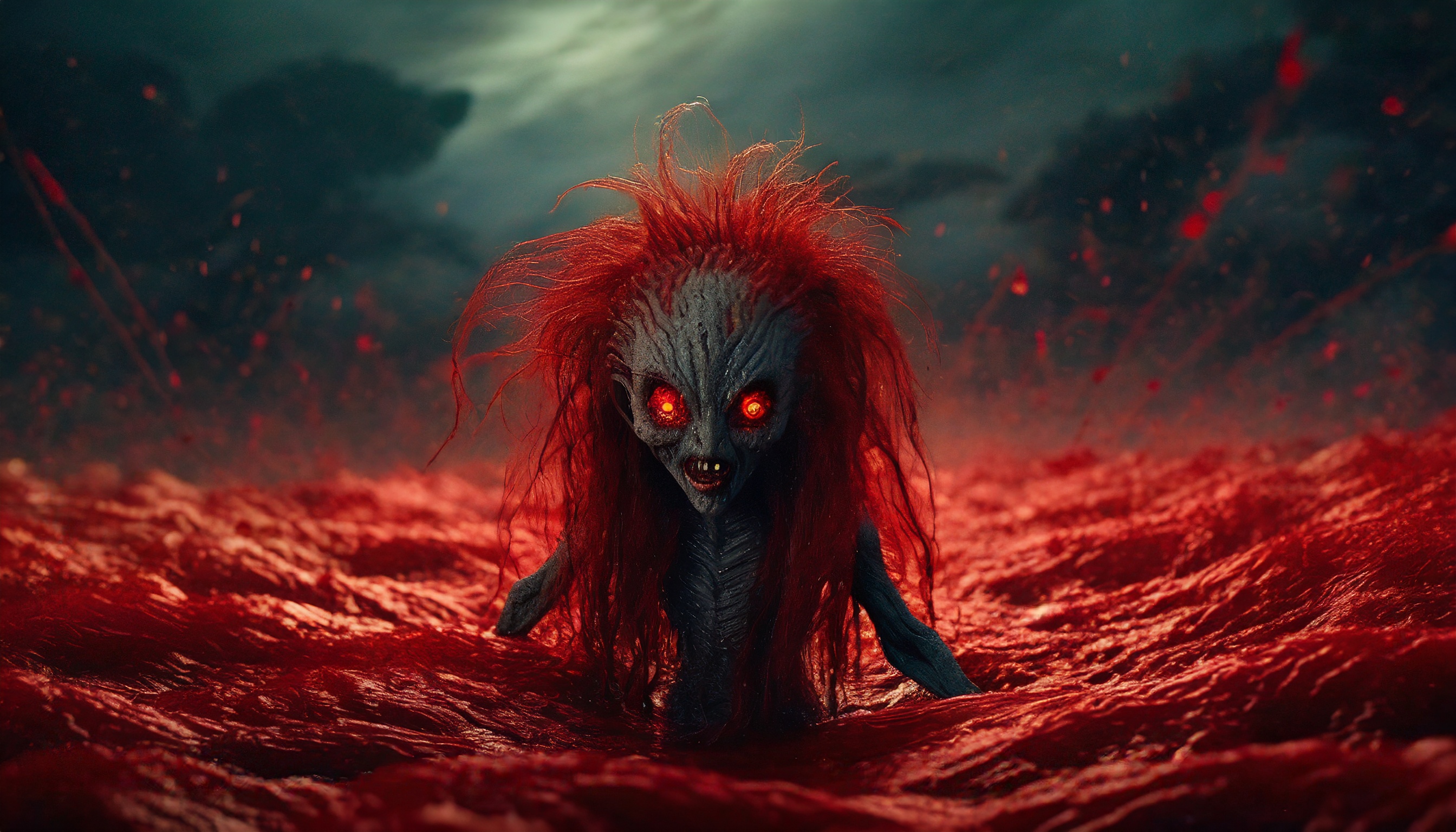 Firefly a cutie alien monster zombie with long hair emerge from a red blood sea in a dark universe. -5