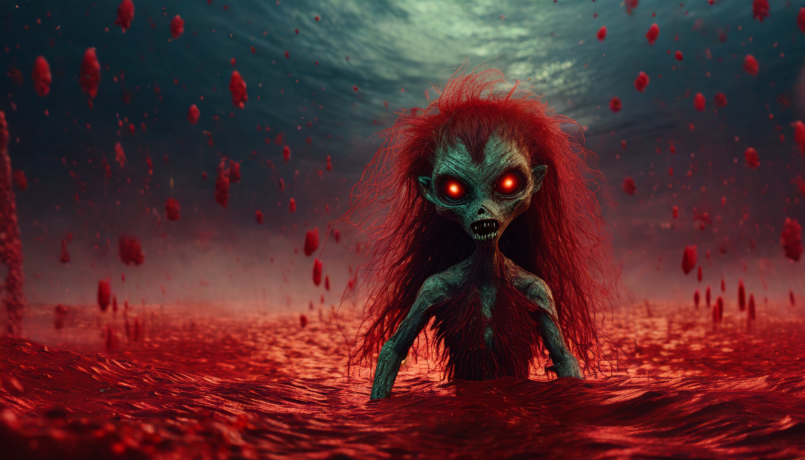 Firefly a cutie alien monster zombie with long hair emerge from a red blood sea in a dark universe. -6