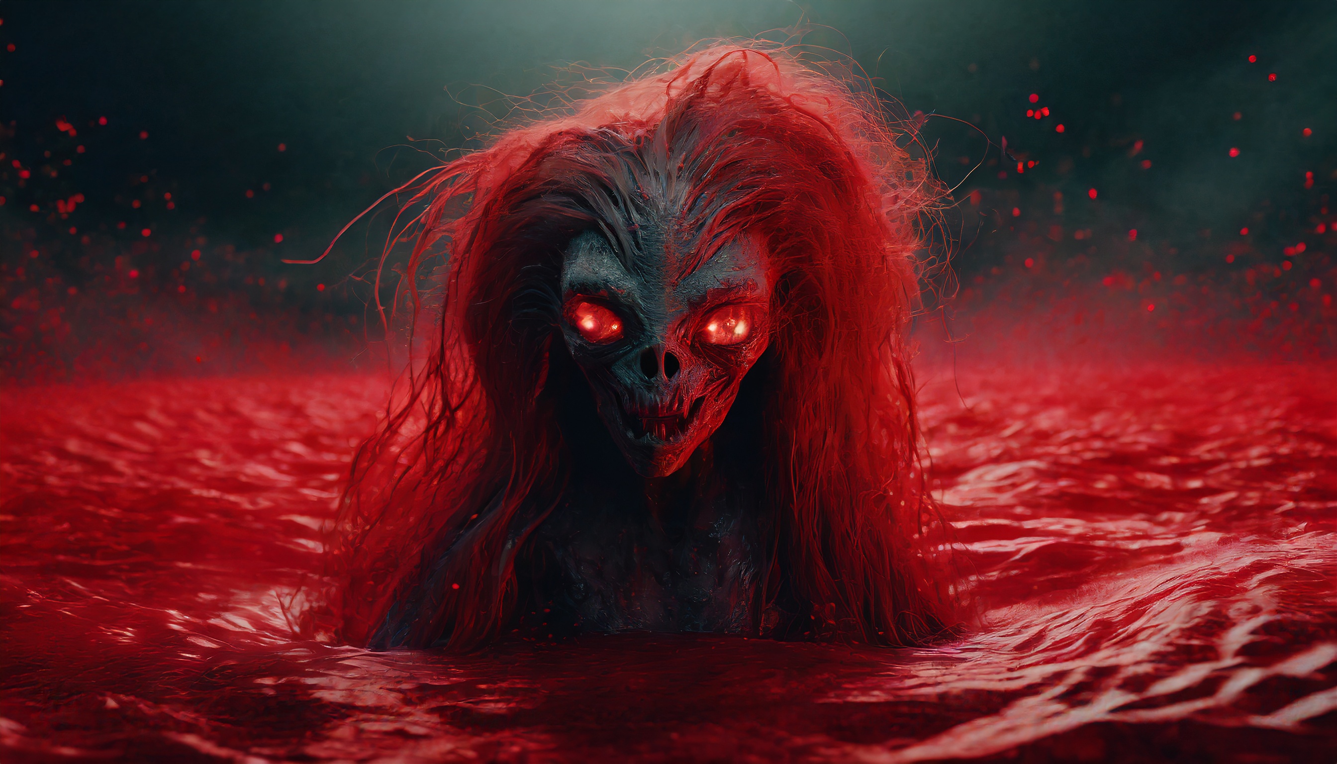 Firefly a cutie alien monster zombie with long hair emerge from a red blood sea in a dark universe. -7