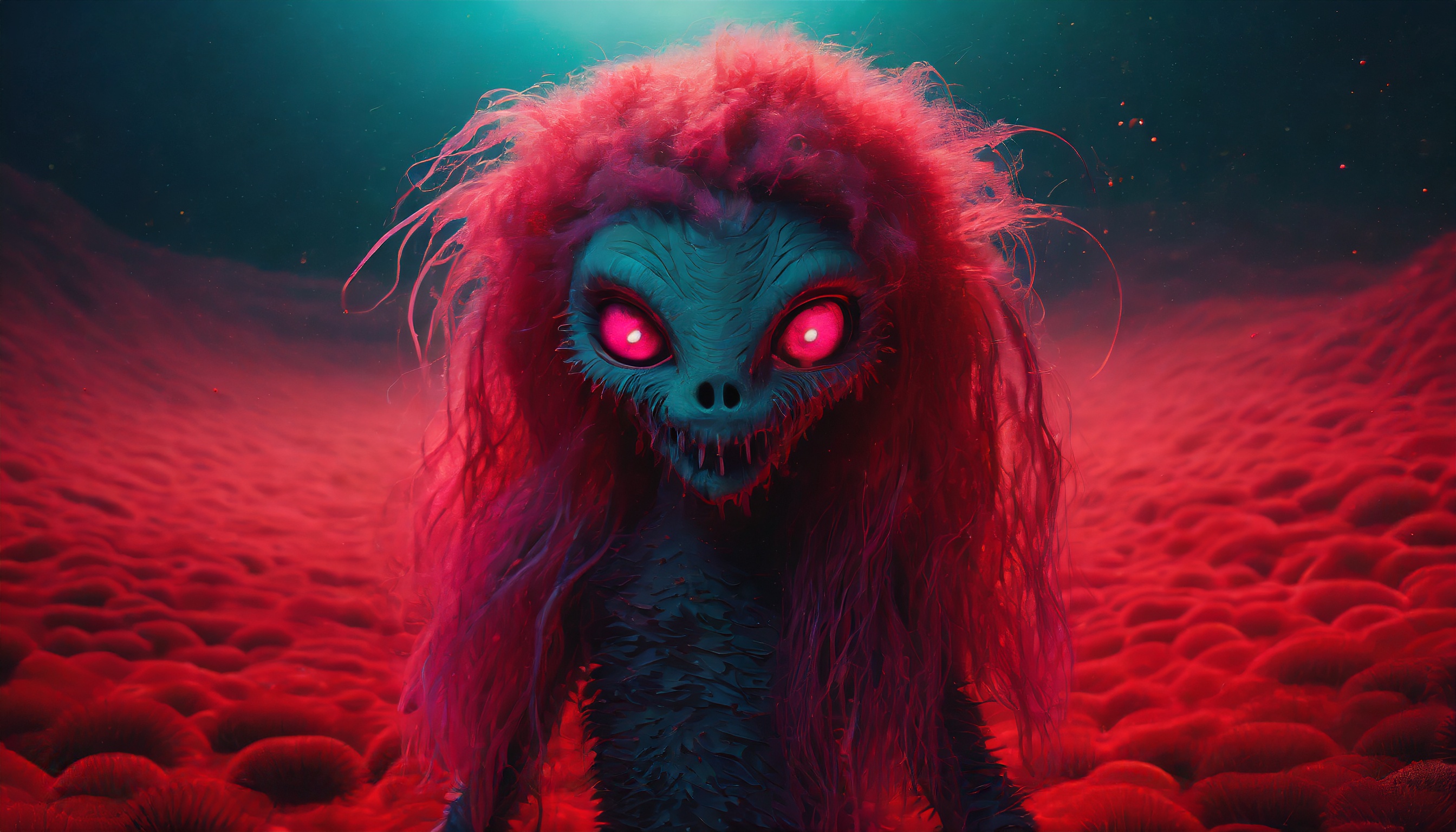 Firefly a cutie alien monster zombie with long hair under a red blood sea in a dark universe. 88151