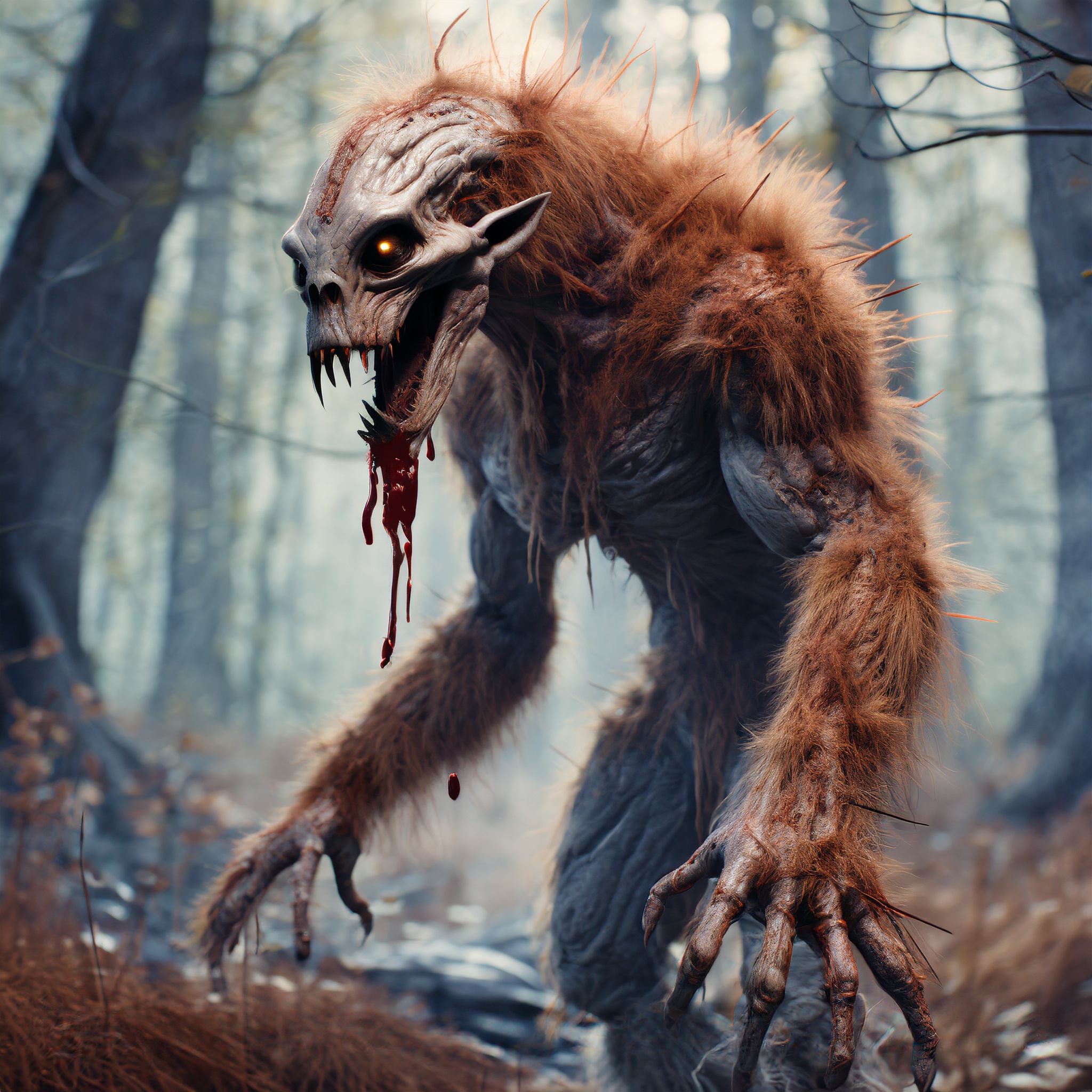 Firefly alien monster with blood and broken bone in a dark forest 47445