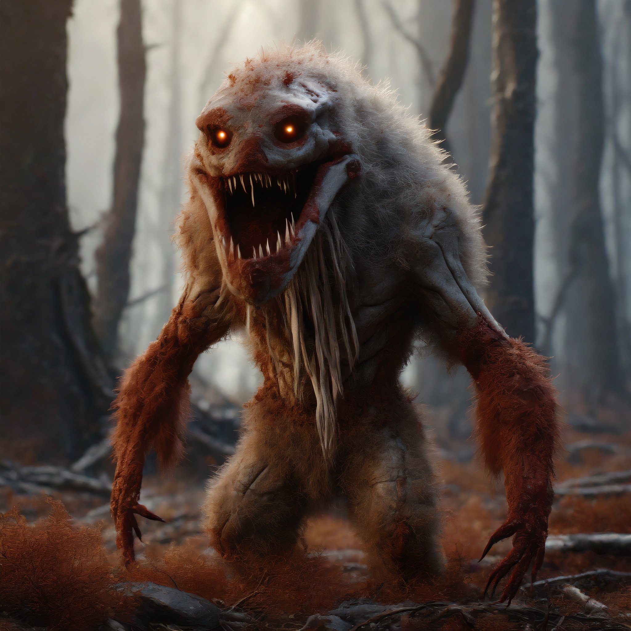 Firefly alien monster with blood and broken bone in a dark forest 86840