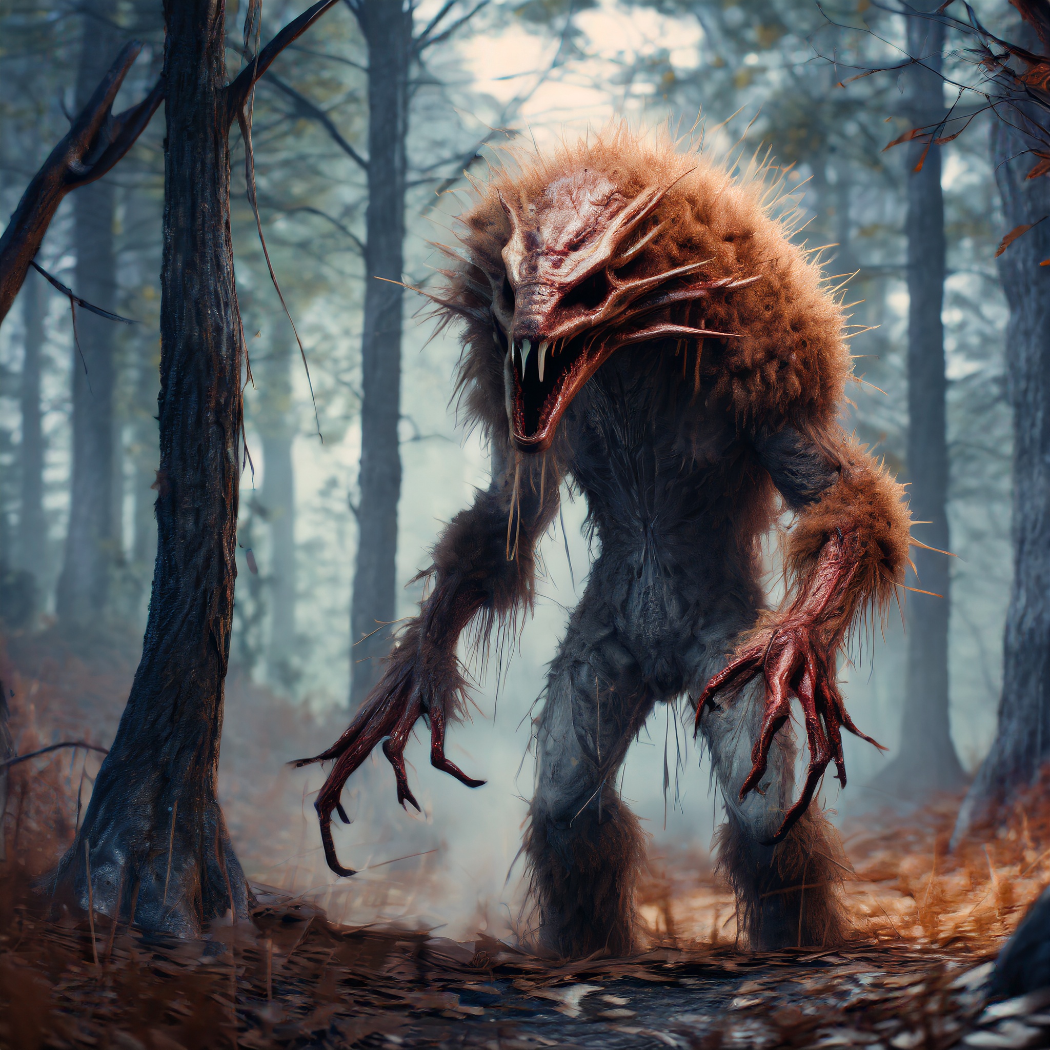 Firefly alien monster with blood and broken bone in a dark forest by night 47445