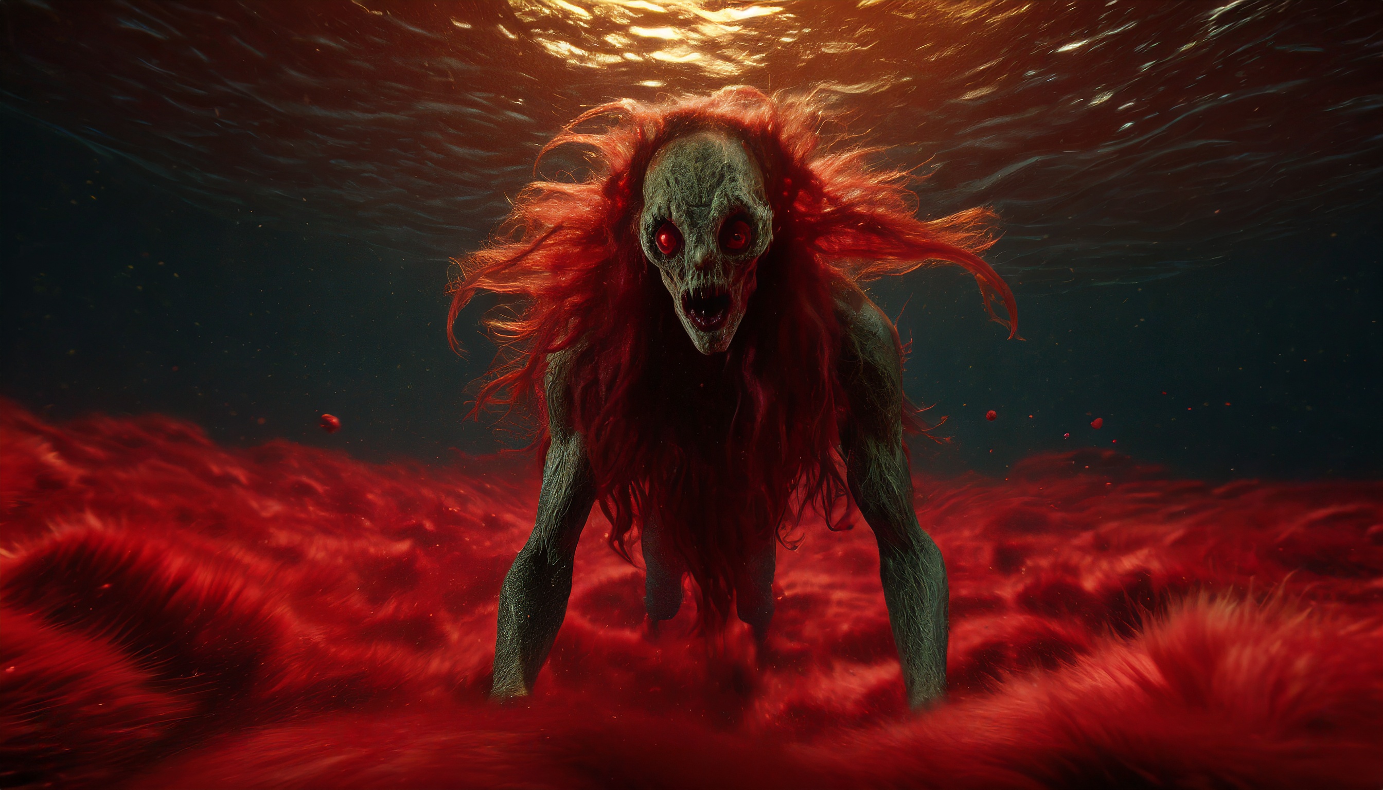 Firefly alien monster zombie with long hair dive into a red blood sea in a dark universe. 40972