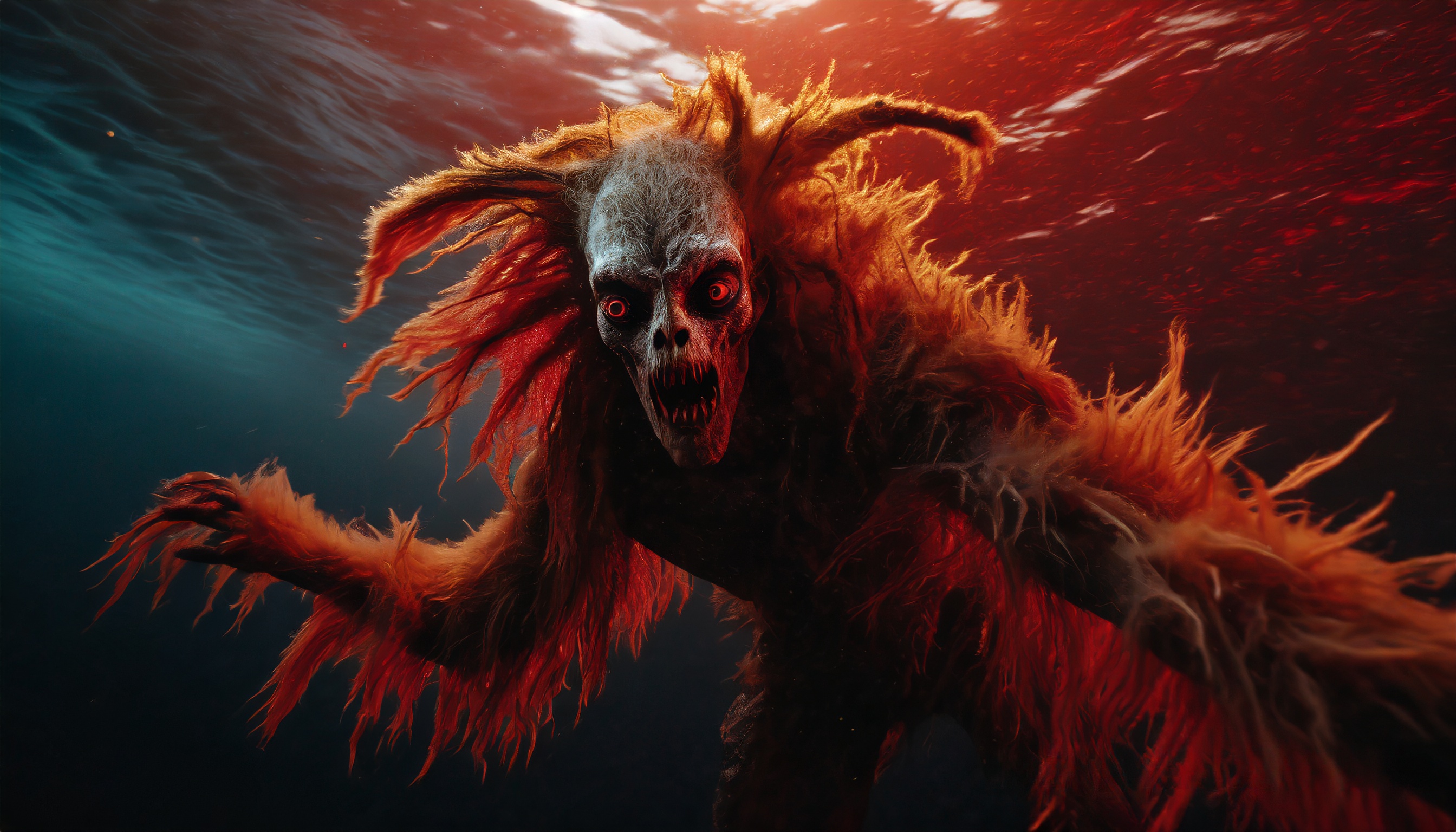 Firefly alien monster zombie with long hair dive into a red blood sea in a dark universe. 45224