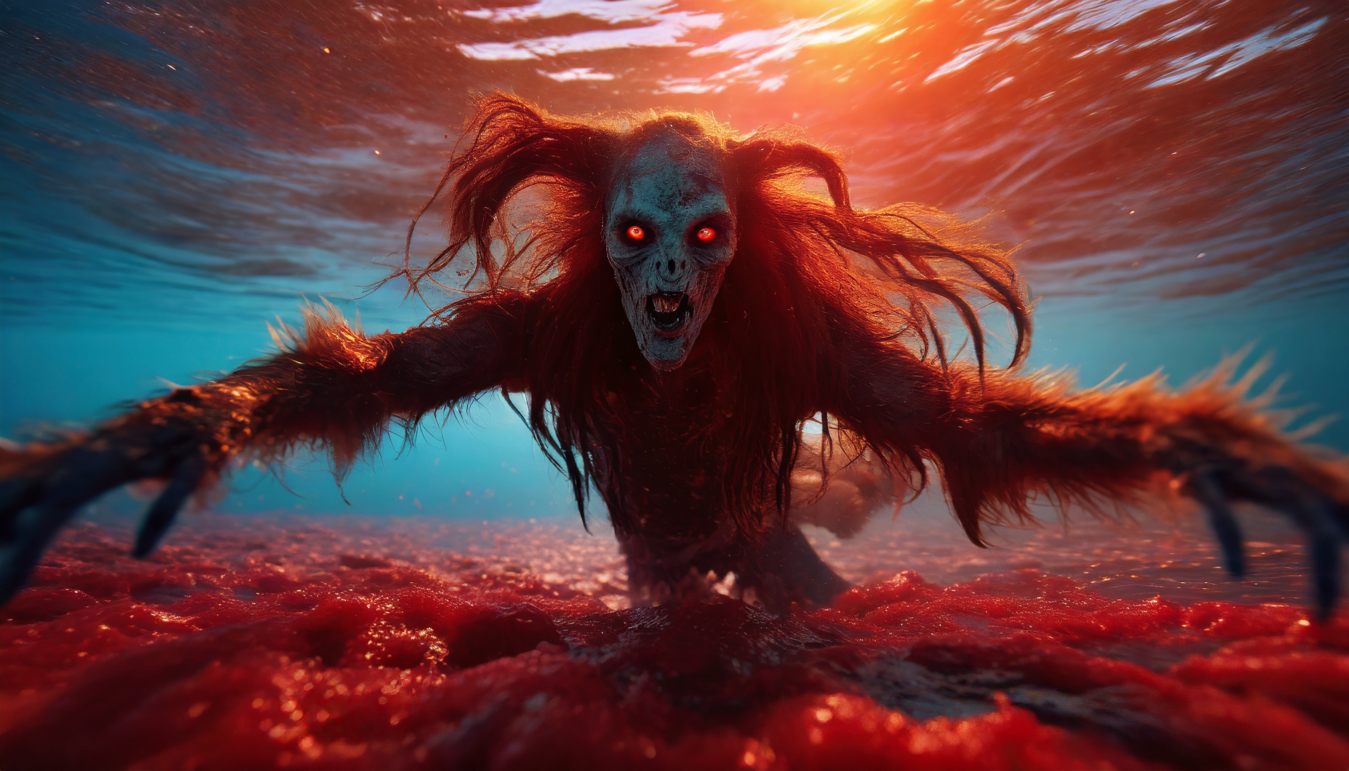 Firefly alien monster zombie with long hair dive into a red blood sea in a dark universe. 54574
