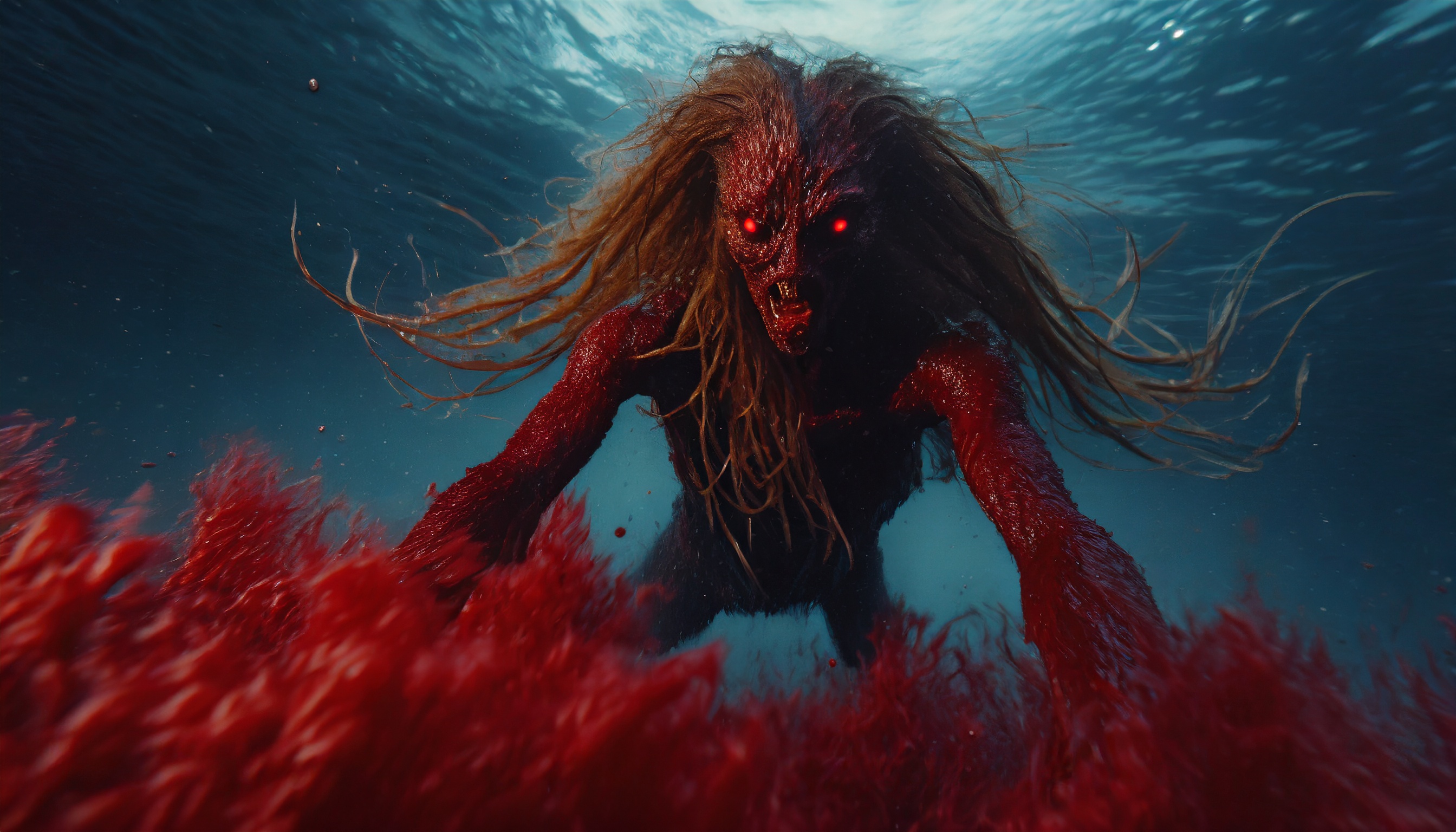 Firefly alien monster zombie with long hair dive into a red blood sea in a dark universe. 5883