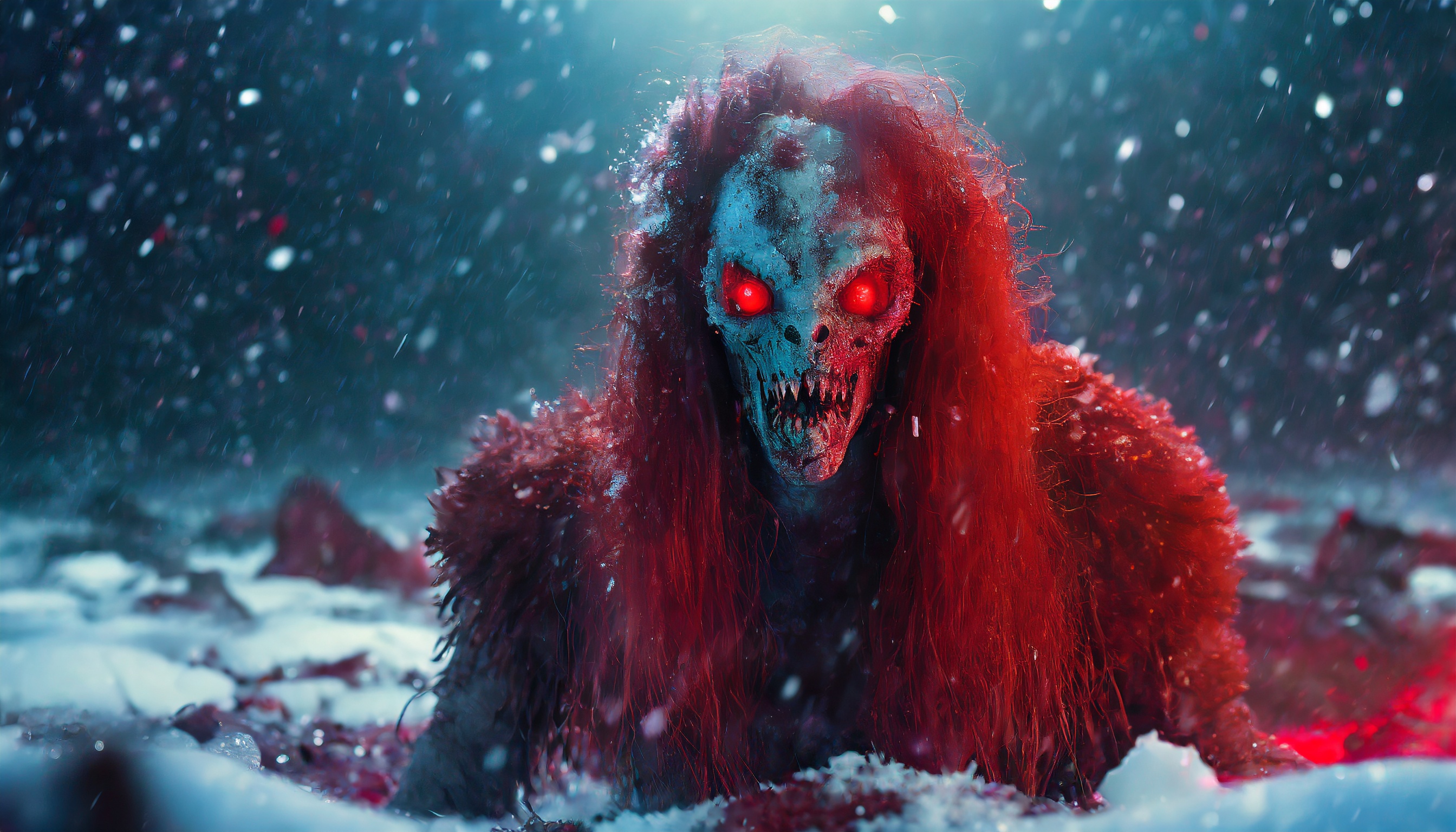Firefly alien monster zombie with long hair under a red blood sea in a dark universe with snow and t-2
