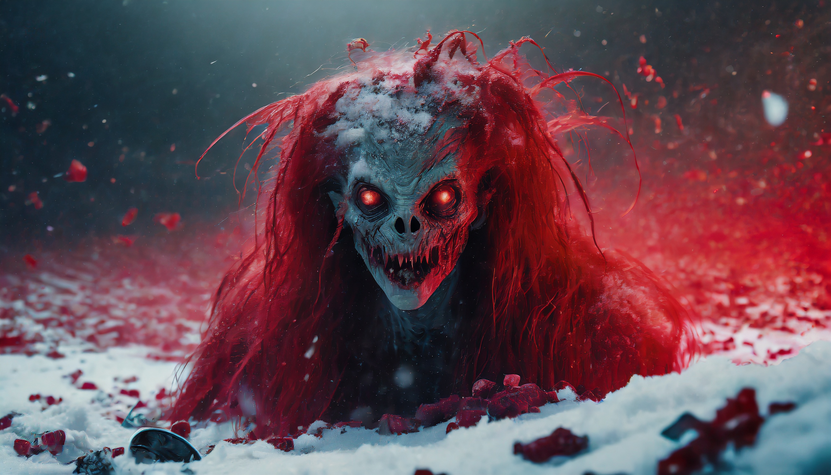 Firefly alien monster zombie with long hair under a red blood sea in a dark universe with snow and t