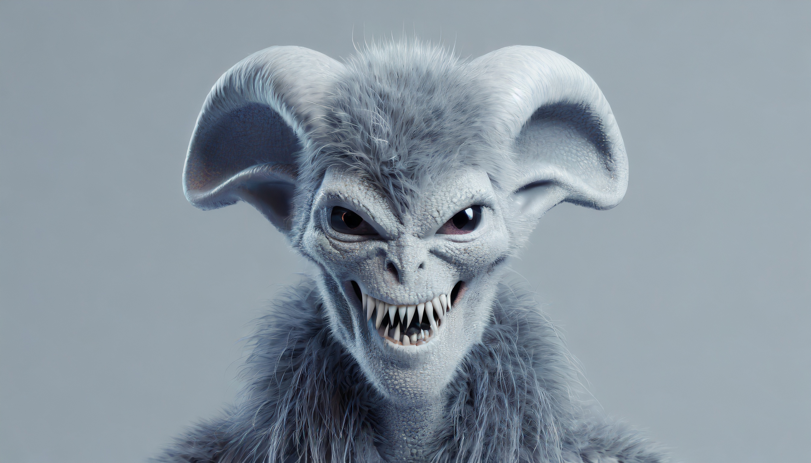 Firefly alien monstre zombie , des cheveux, des yeux gris, des oreilles d’elephant, une bouche enorm