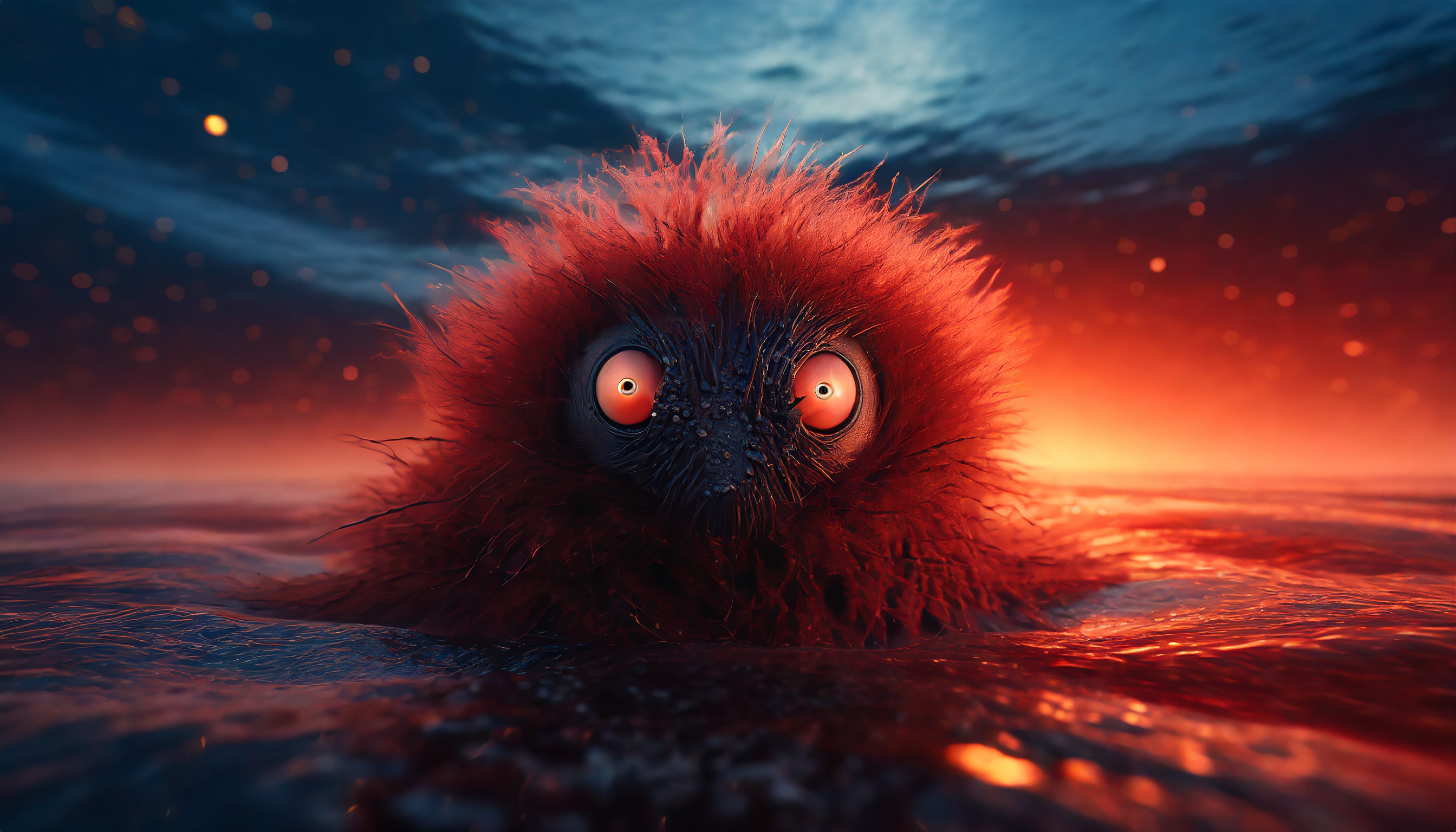 Firefly an alien monster with hair and big eyes emerge from a red blood sea in a dark universe. 3949