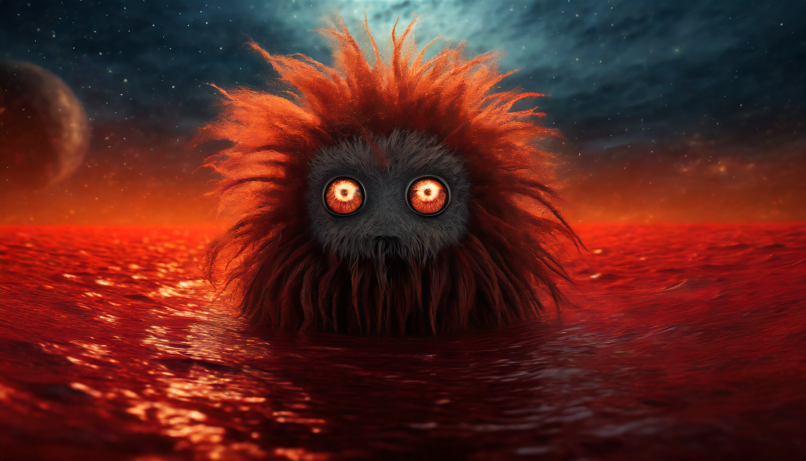 Firefly an alien monster with hair and big eyes emerge from a red blood sea in a dark universe. 3968