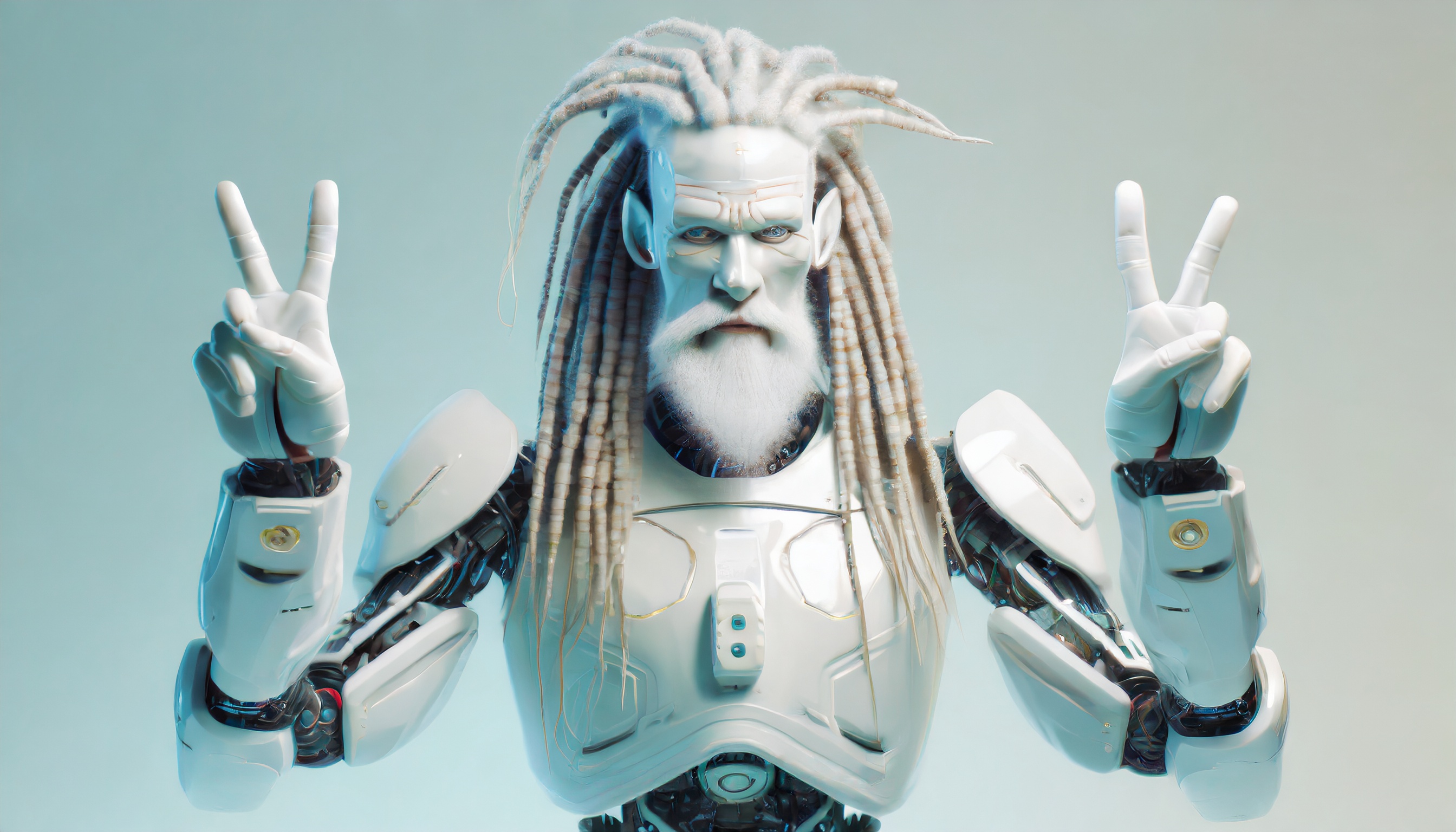 Firefly homme robot avec une longue barbe et des dreadlocks faisant le signe peace 99021