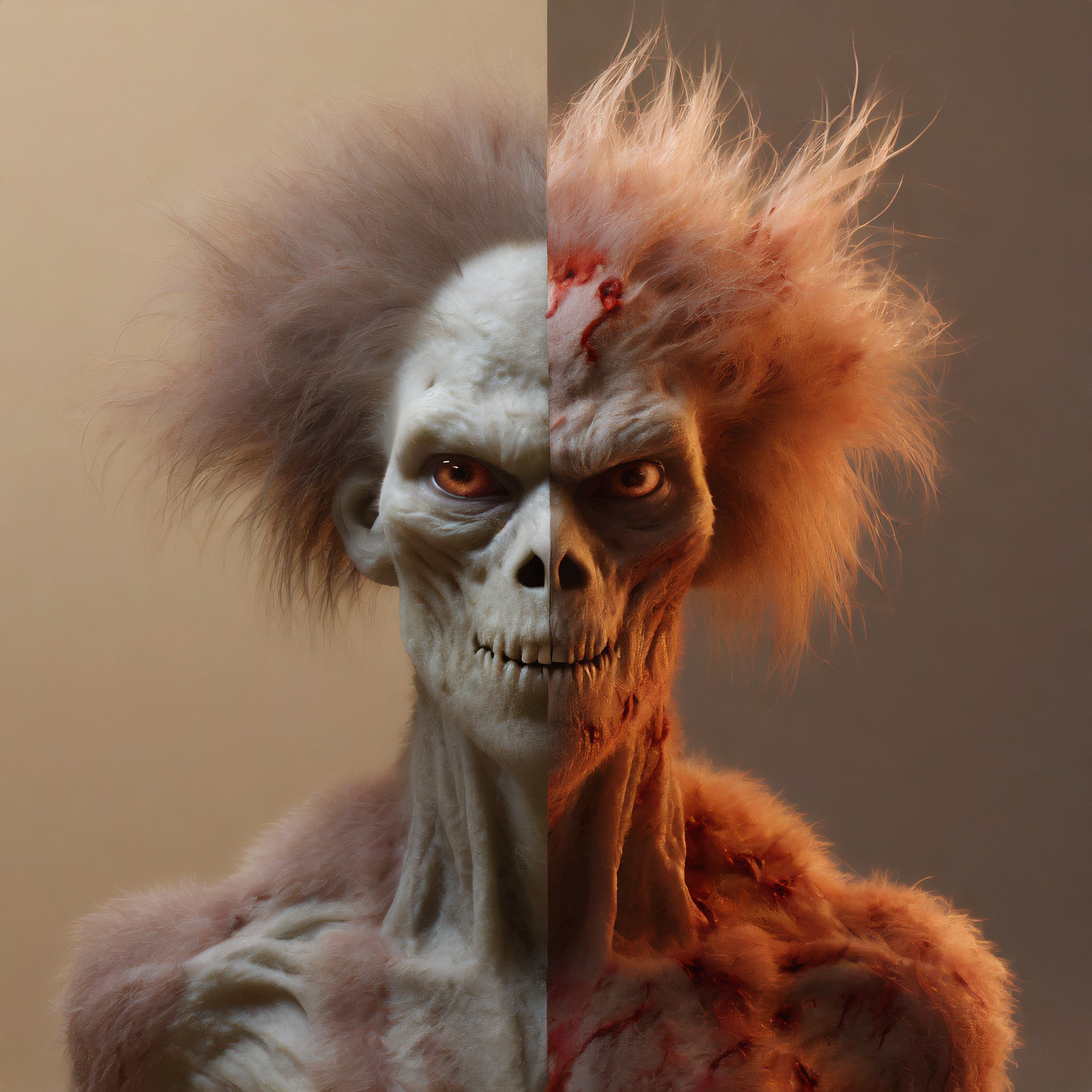 Firefly monster alien zombie human with hair and blood fire, split screen 86840