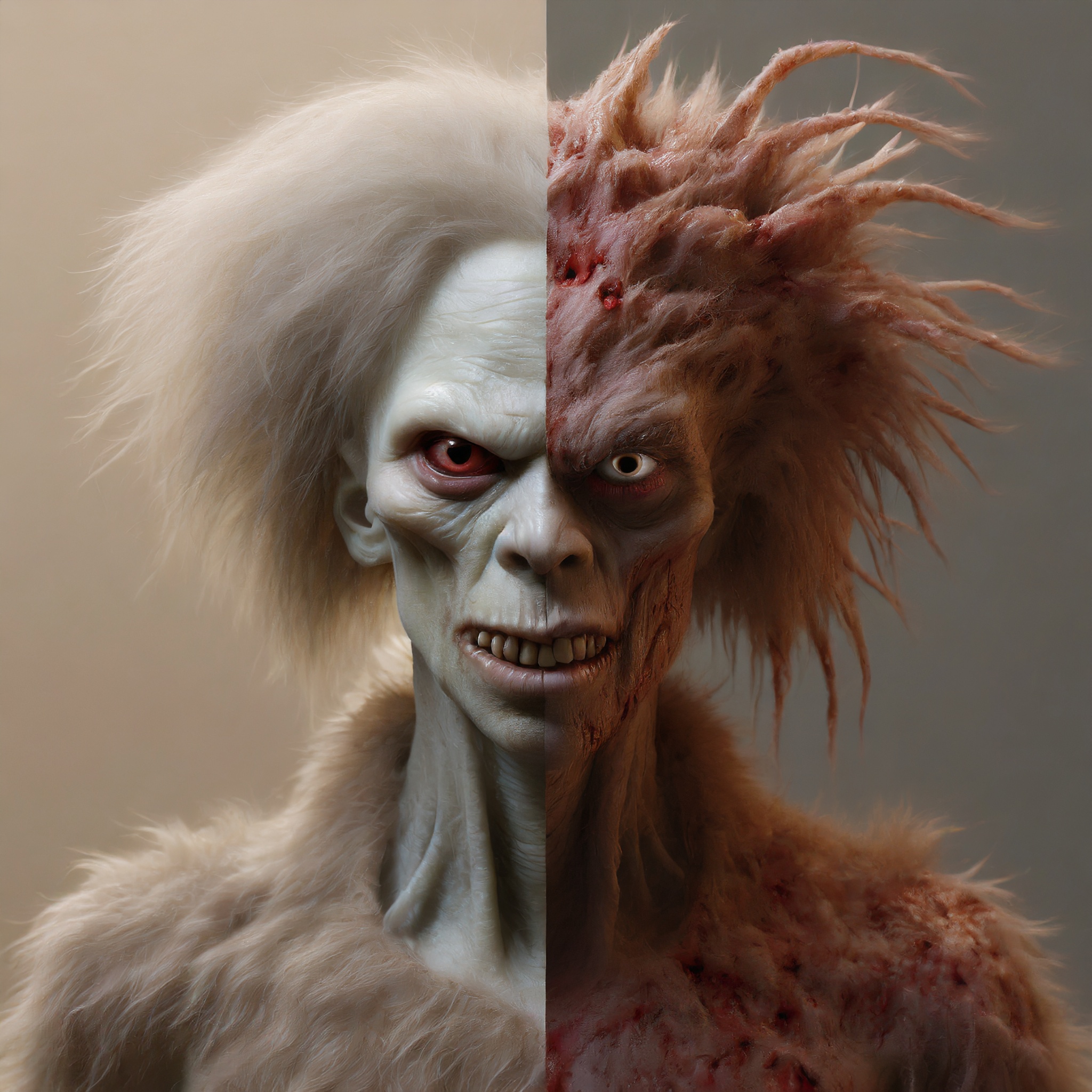 Firefly monster alien zombie human with hair and blood, split screen 86840