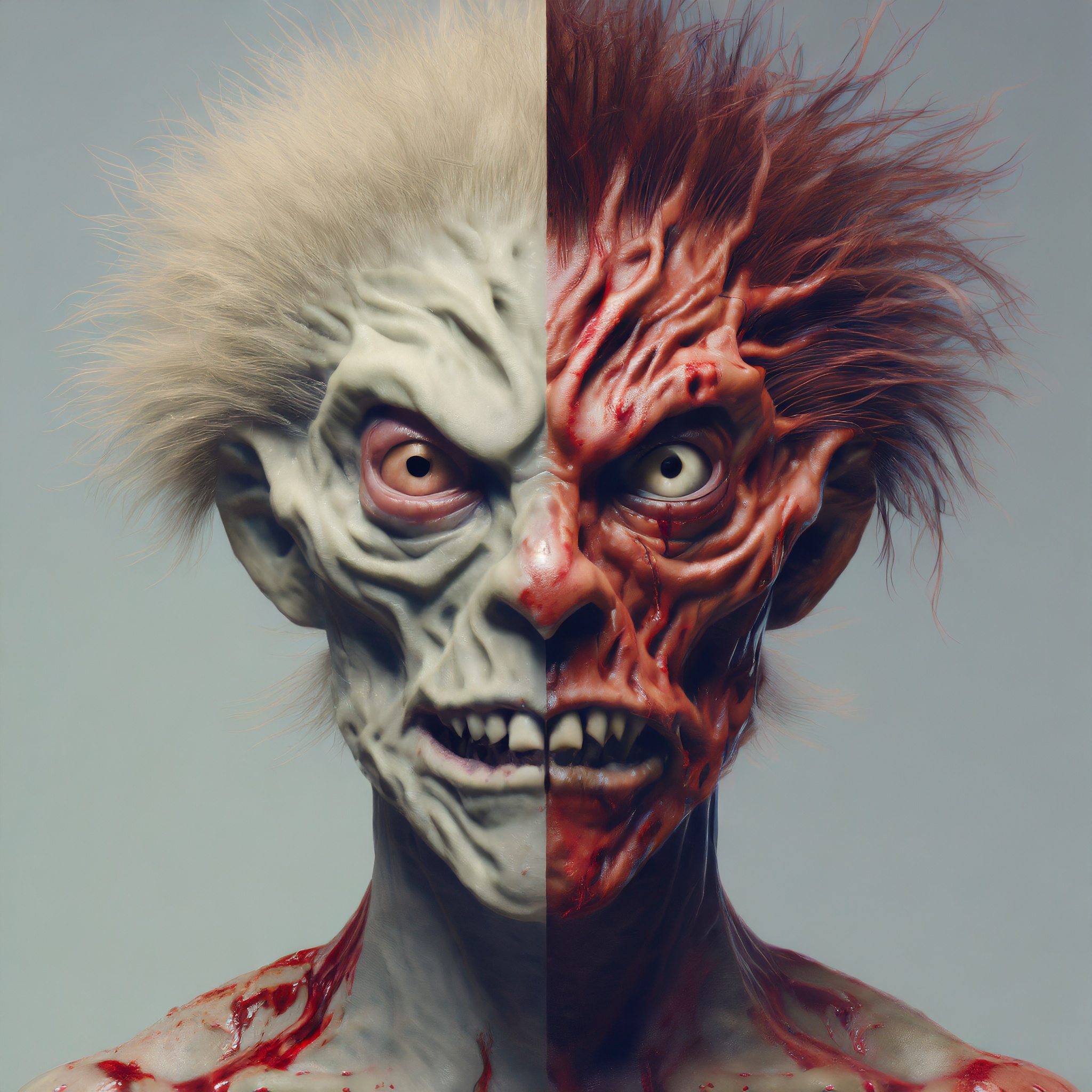 Firefly monster alien zombie human with hair and blood, split screen 95325