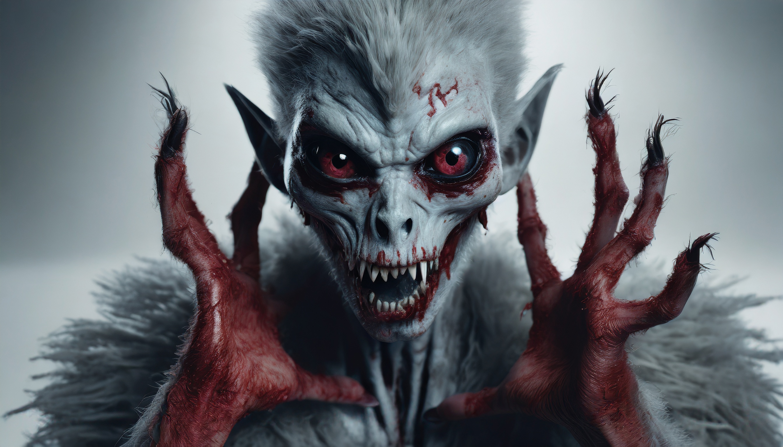 Firefly monster alien zombie with big black eyes hiding blood hands looks aggressively into the came-2