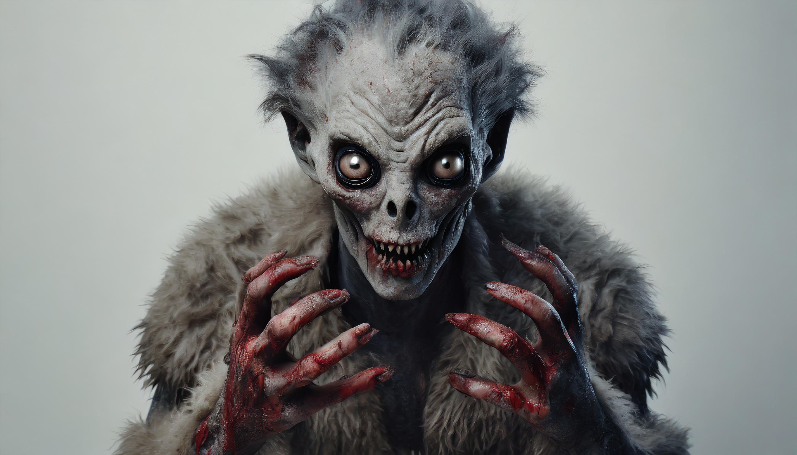 Firefly monster alien zombie with big black eyes hiding blood hands looks aggressively into the came