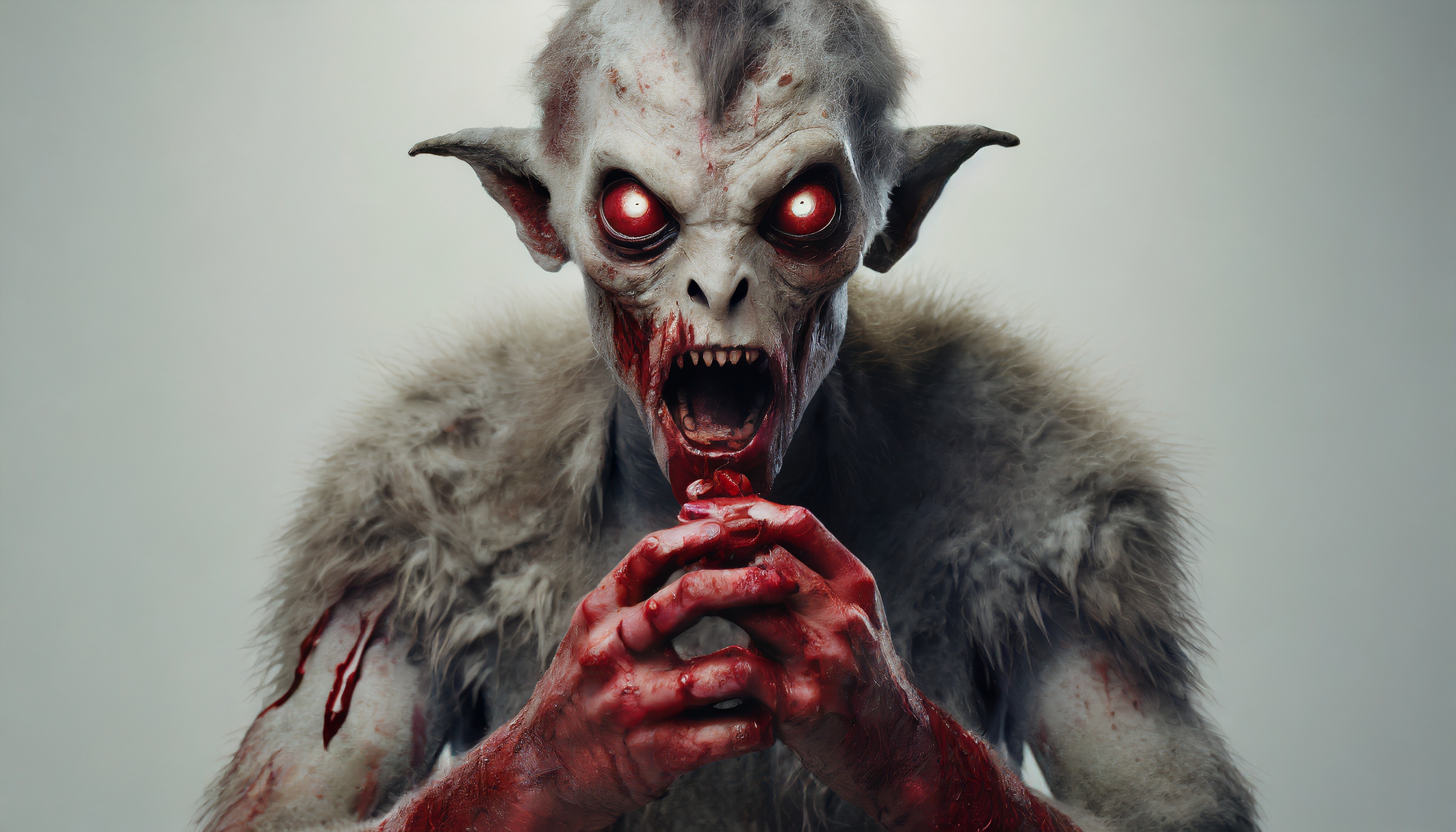 Firefly monster alien zombie with big eyes eating blood hands looks aggressively into the camera 329