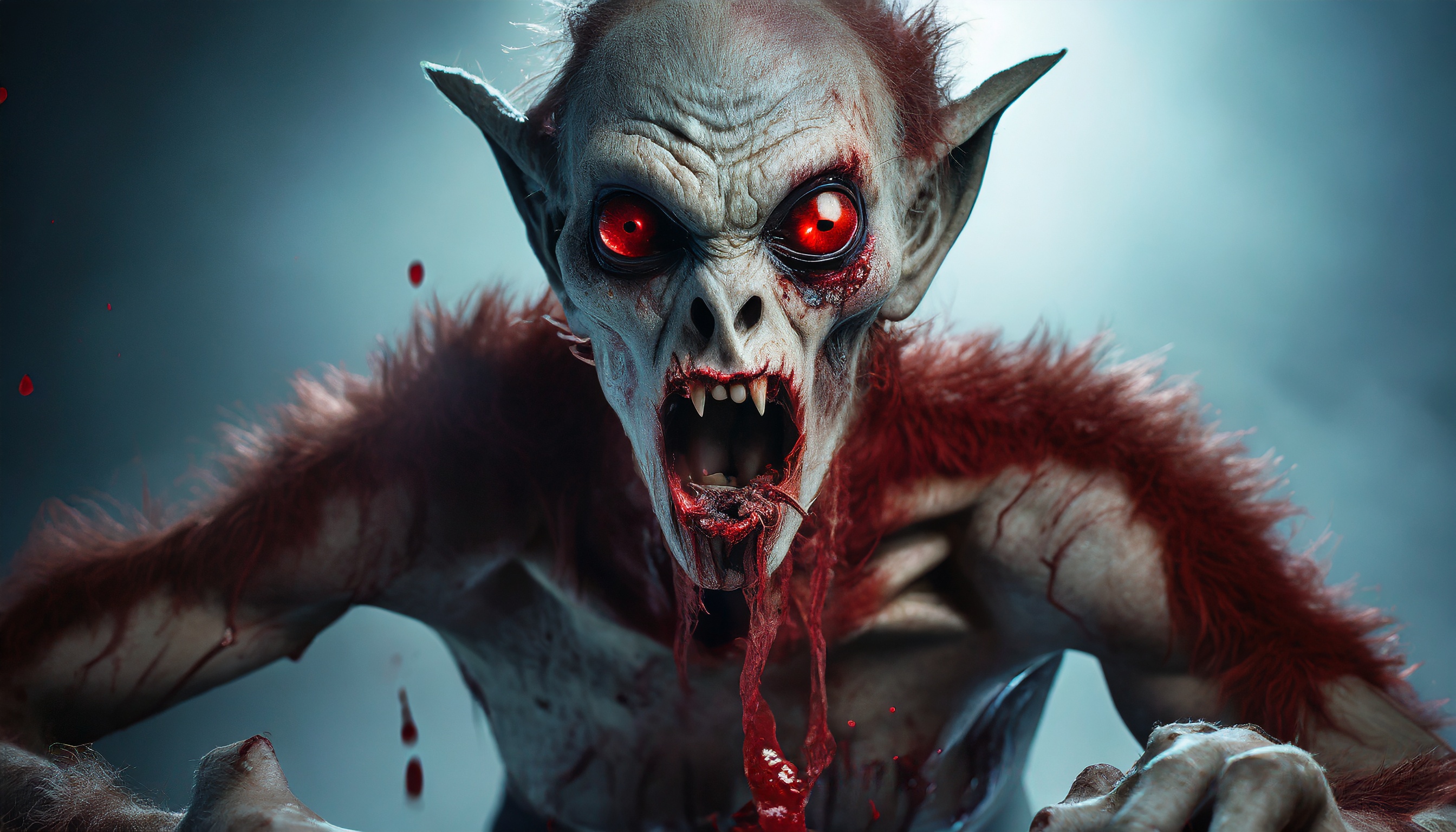 Firefly monster alien zombie with big eyes eating blood hands looks aggressively into the camera 747