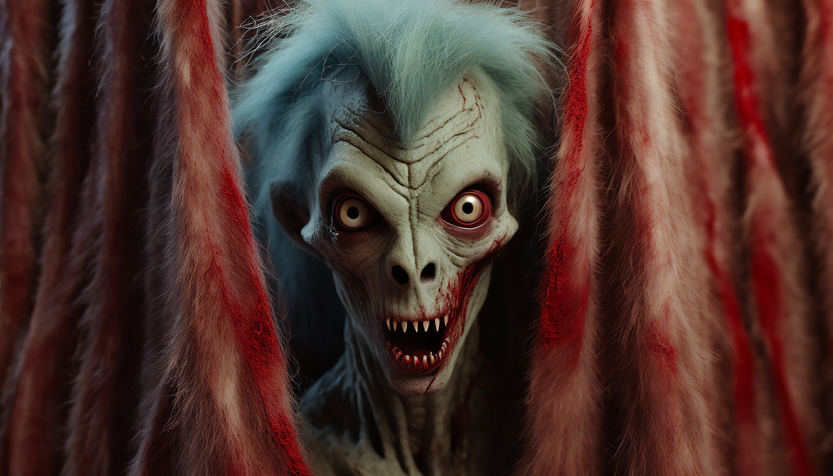 Firefly monster alien zombie with hair hiding behind blood curtain looks curiously into the camera 2