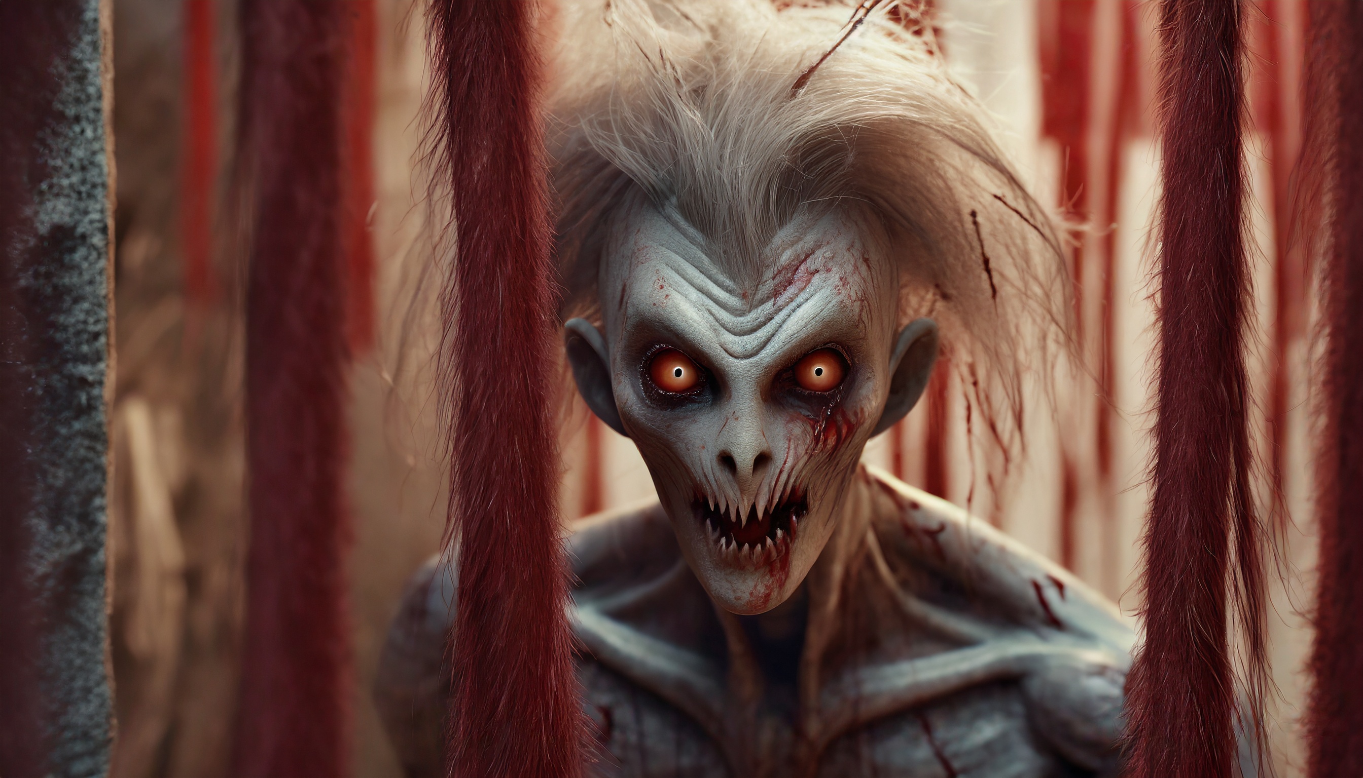 Firefly monster alien zombie with hair hiding behind blood curtain looks curiously into the camera 3-2