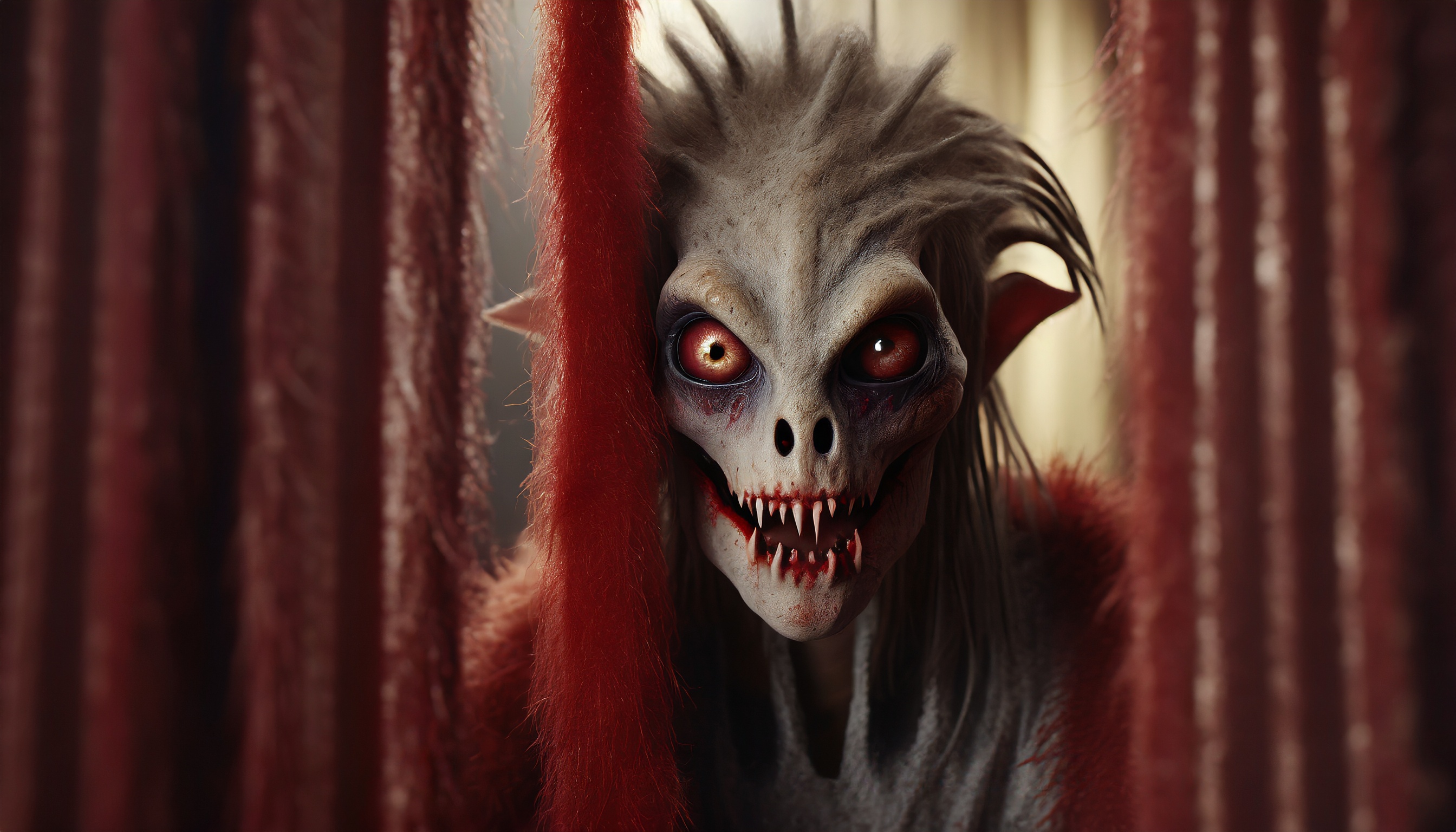 Firefly monster alien zombie with hair hiding behind blood curtain looks curiously into the camera 3