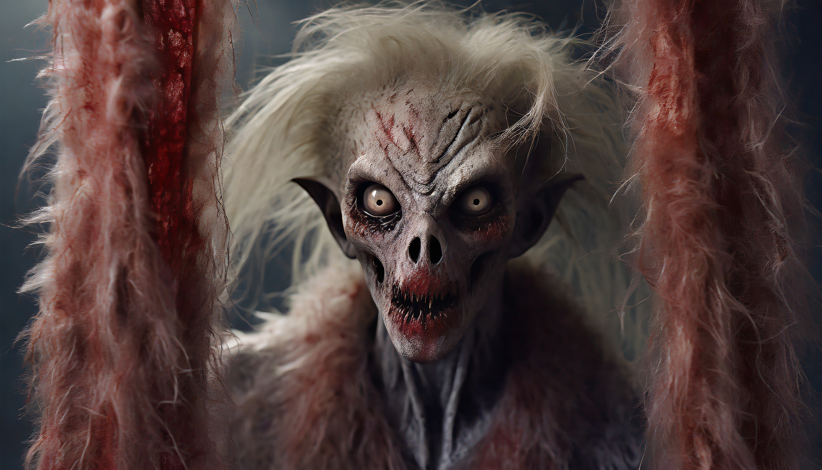 Firefly monster alien zombie with hair hiding behind blood curtain looks curiously into the camera 5