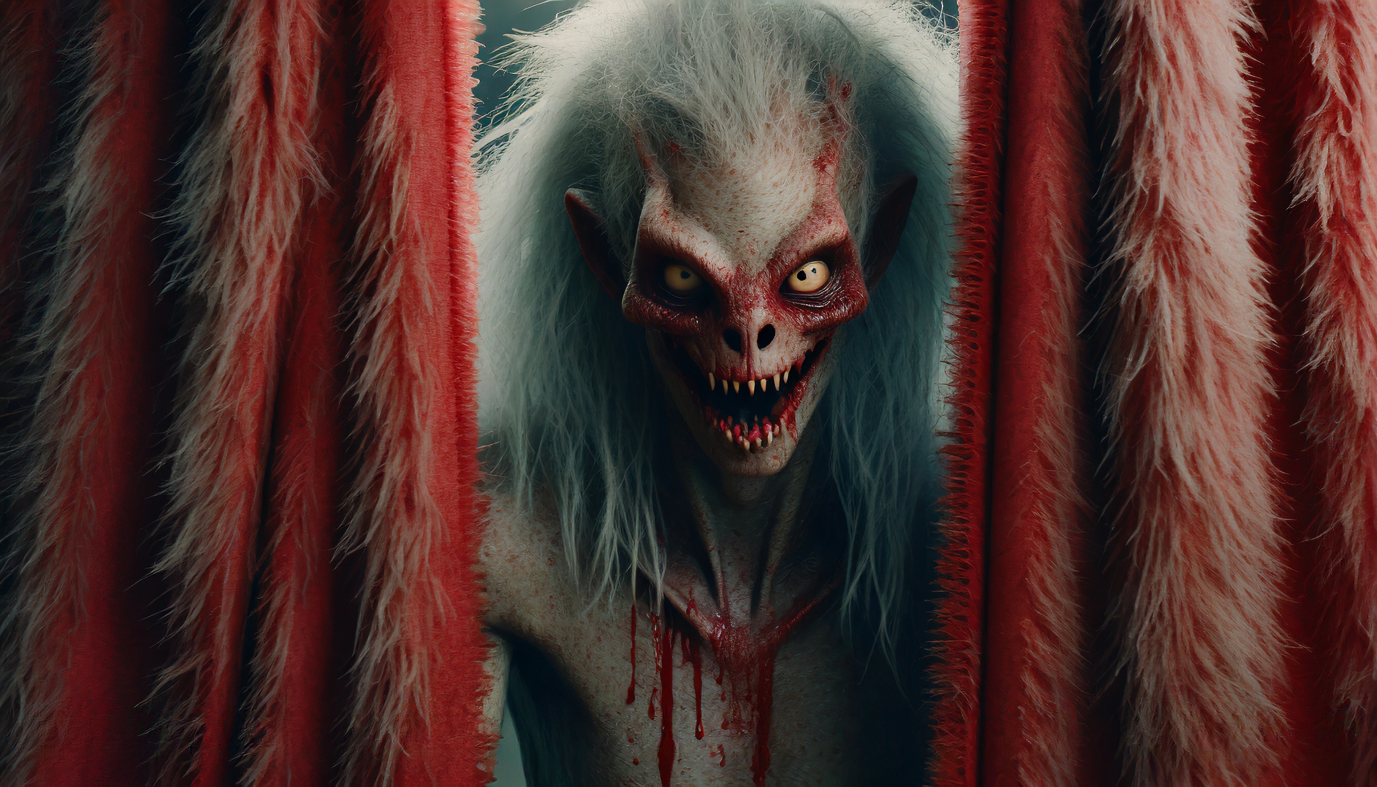 Firefly monster alien zombie with hair hiding behind blood curtain looks curiously into the camera 6