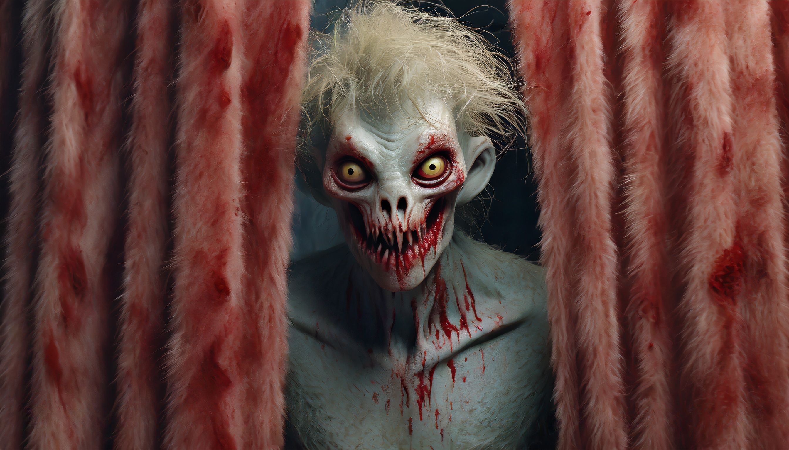 Firefly monster alien zombie with hair hiding behind blood curtain looks curiously into the camera 8-2