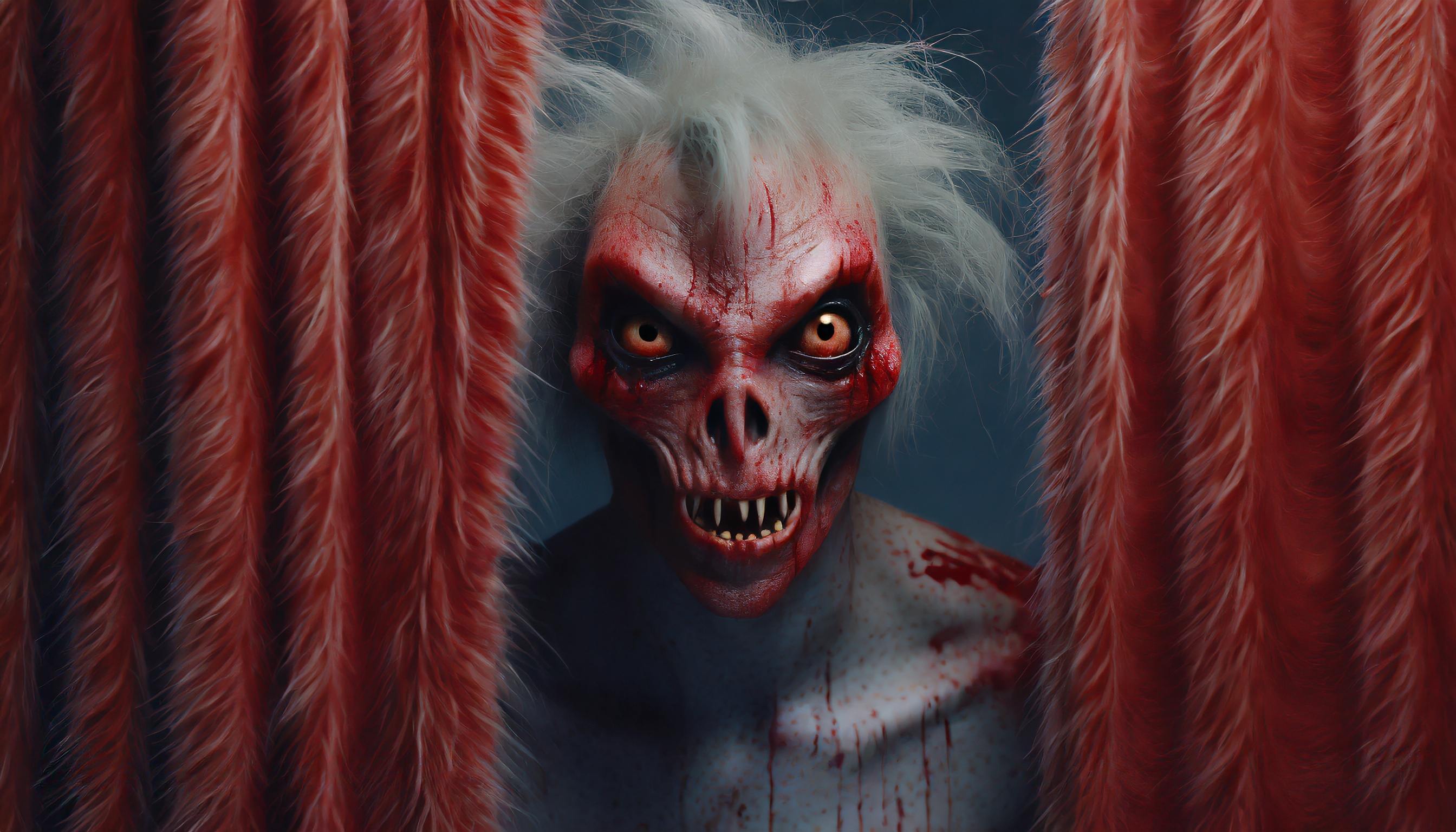 Firefly monster alien zombie with hair hiding behind blood curtain looks curiously into the camera 8