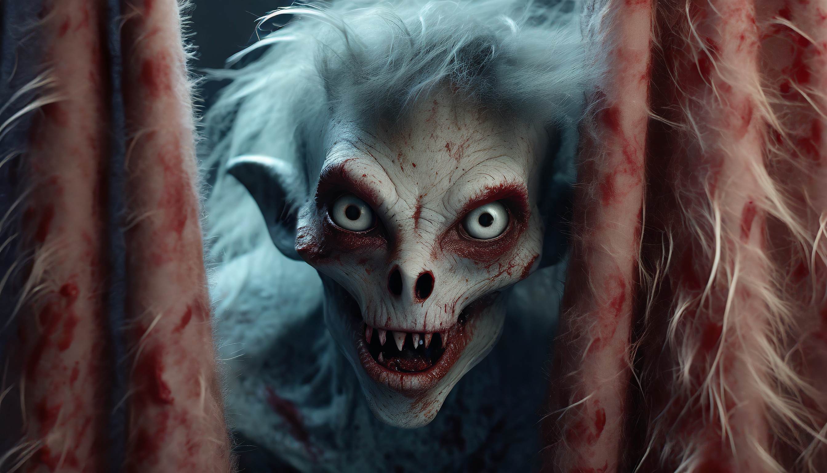 Firefly monster alien zombie with hair hiding behind blood curtain looks curiously into the camera 9