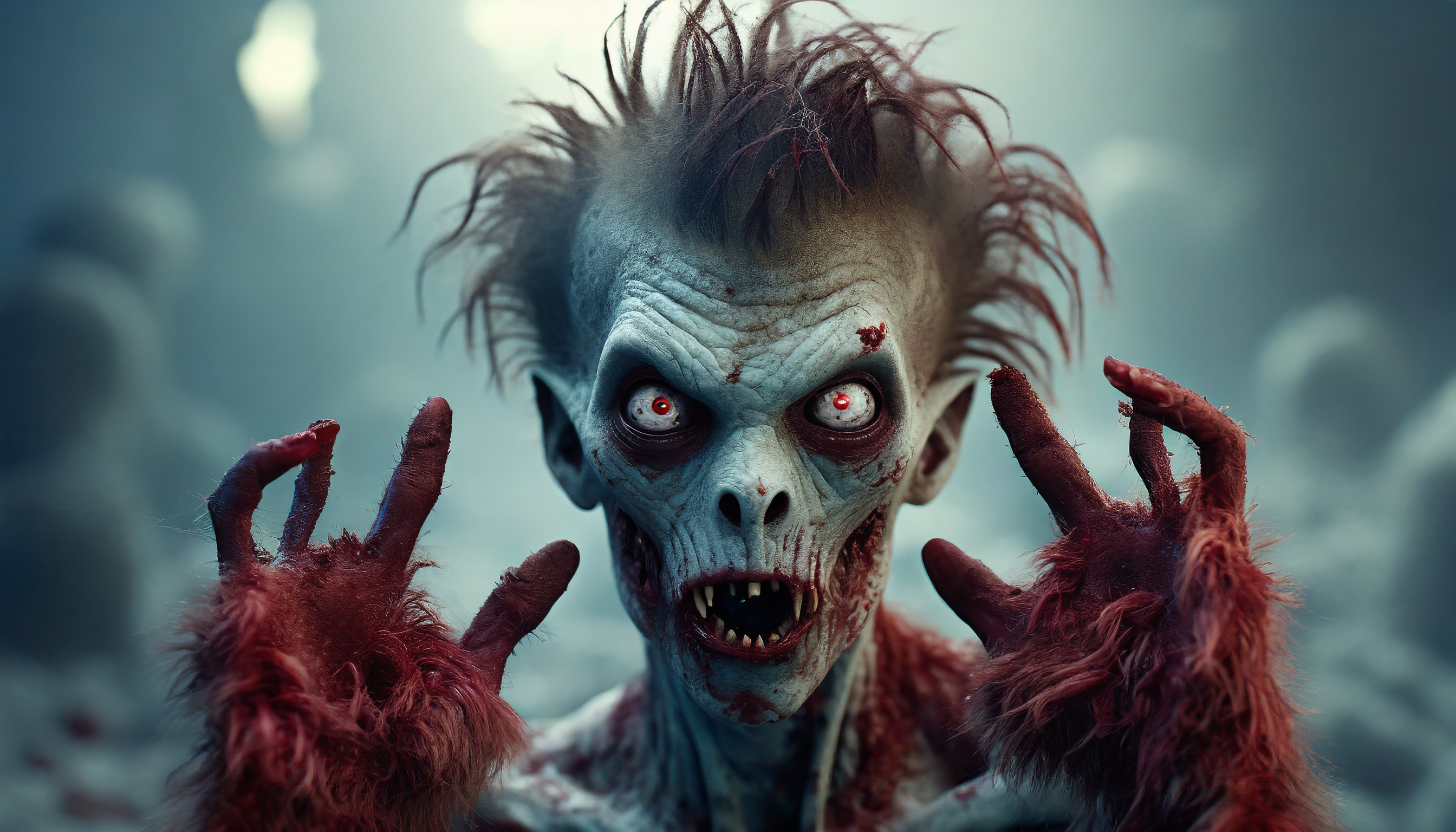 Firefly monster alien zombie with hair hiding behind blood zombie hands looks aggressively into the