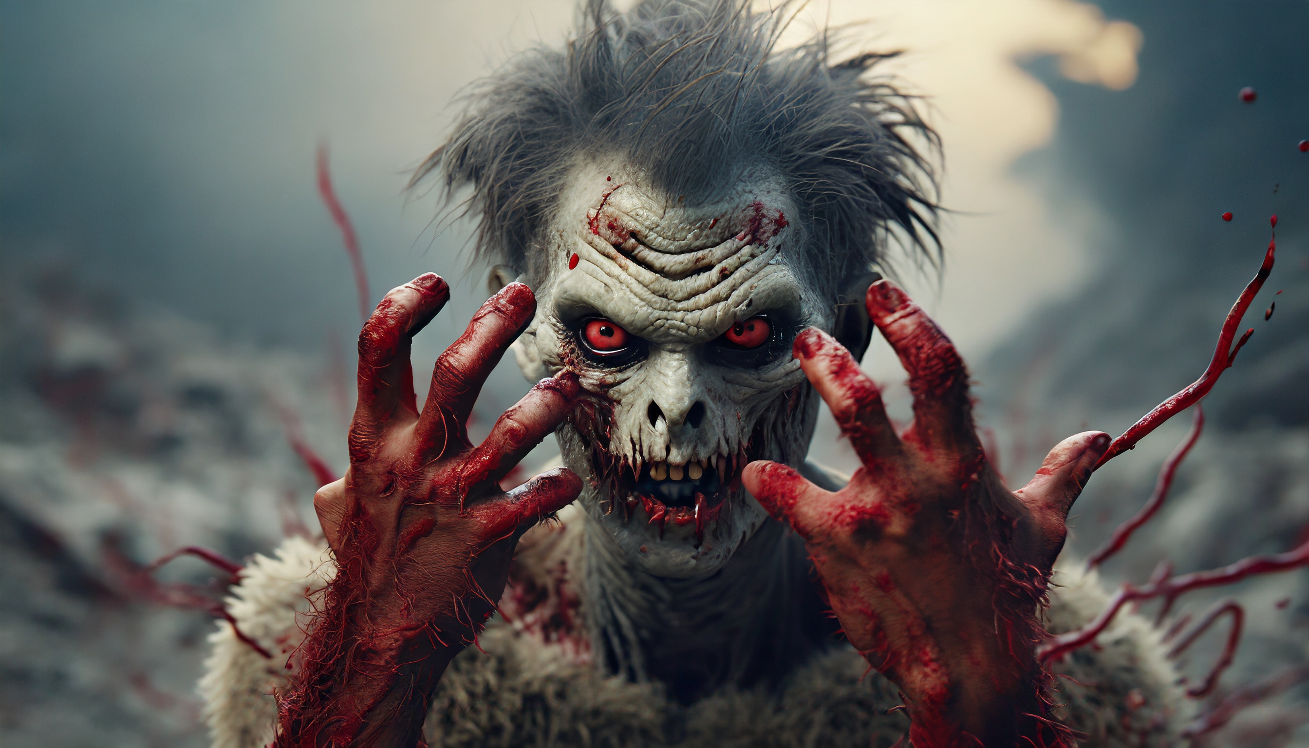 Firefly monster alien zombie with hair hiding behind blood zombie hands looks aggressively into the -2