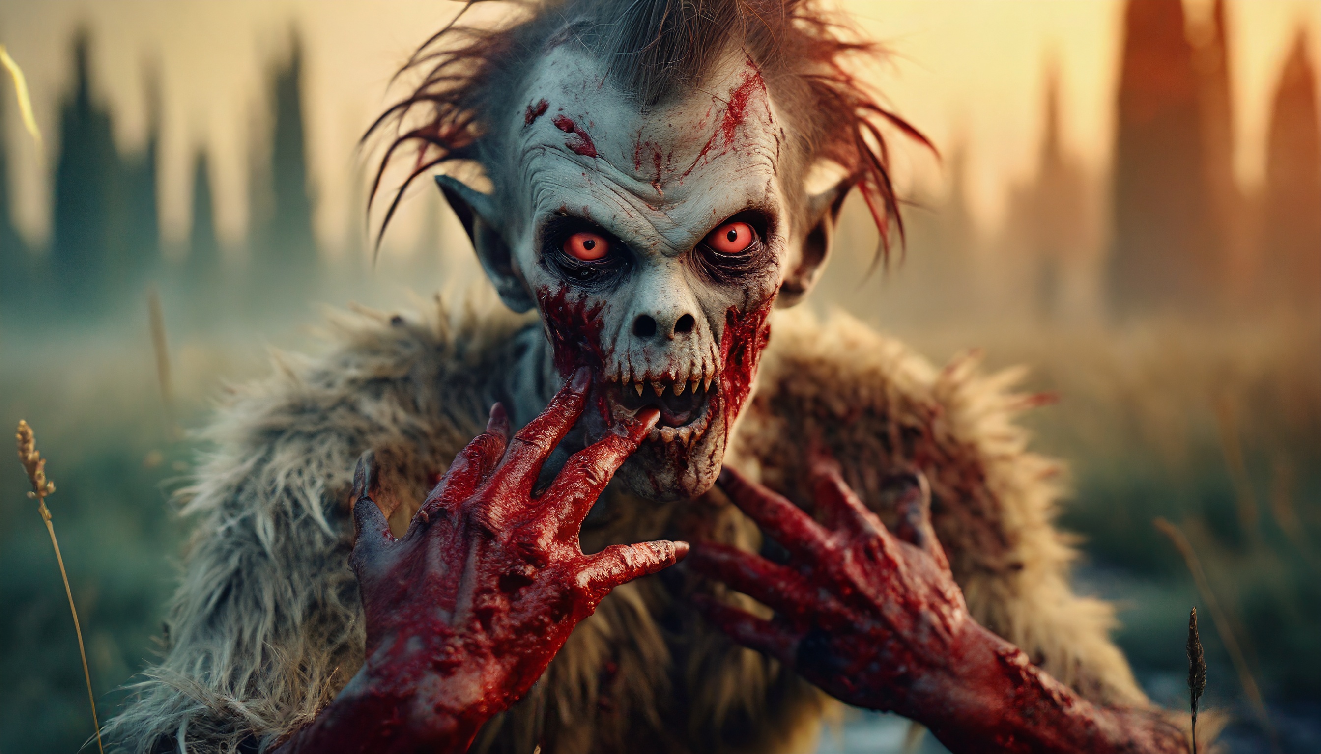 Firefly monster alien zombie with hair hiding behind blood zombie hands looks aggressively into the -3