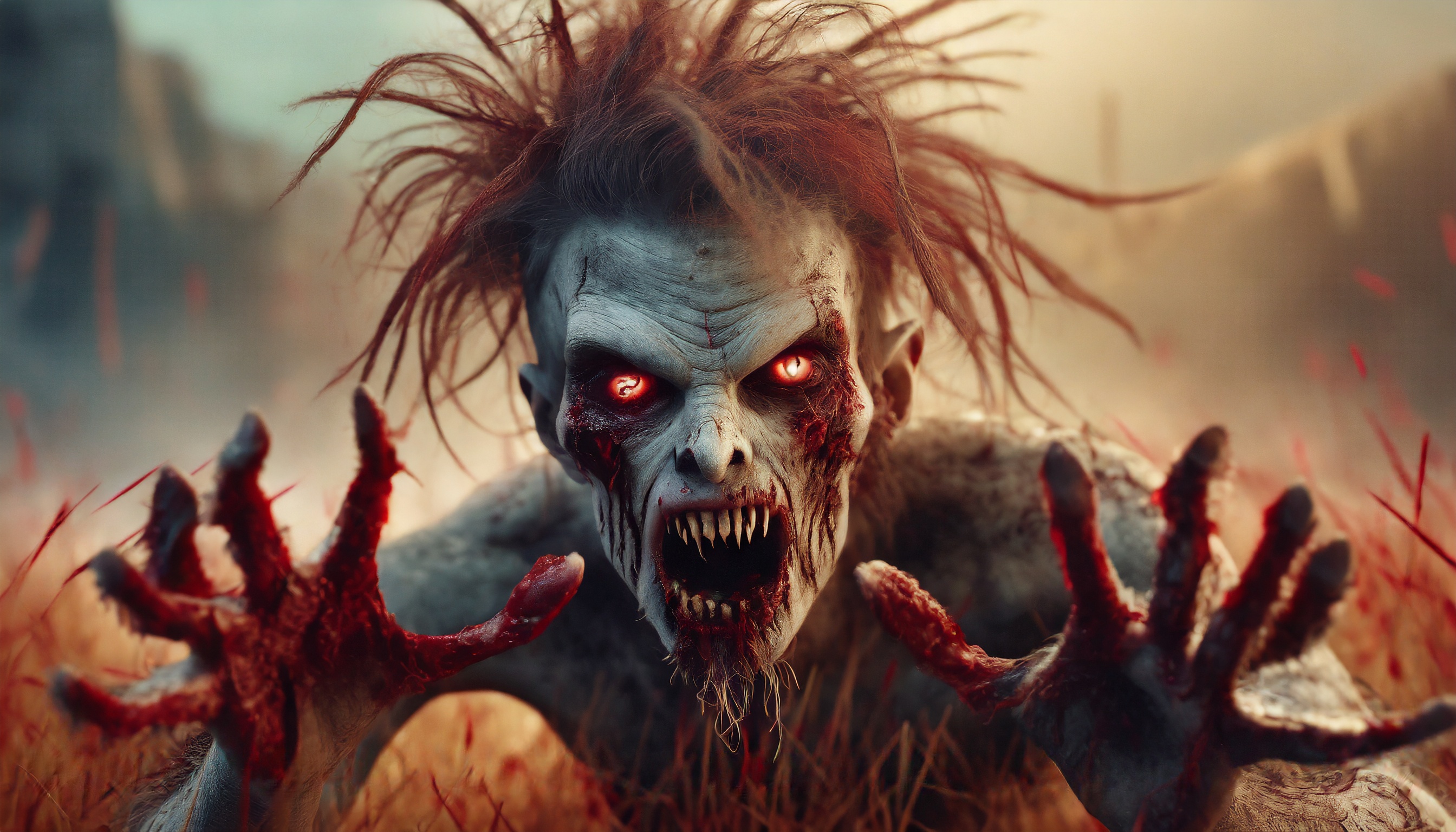 Firefly monster alien zombie with hair hiding behind blood zombie hands looks aggressively into the -4