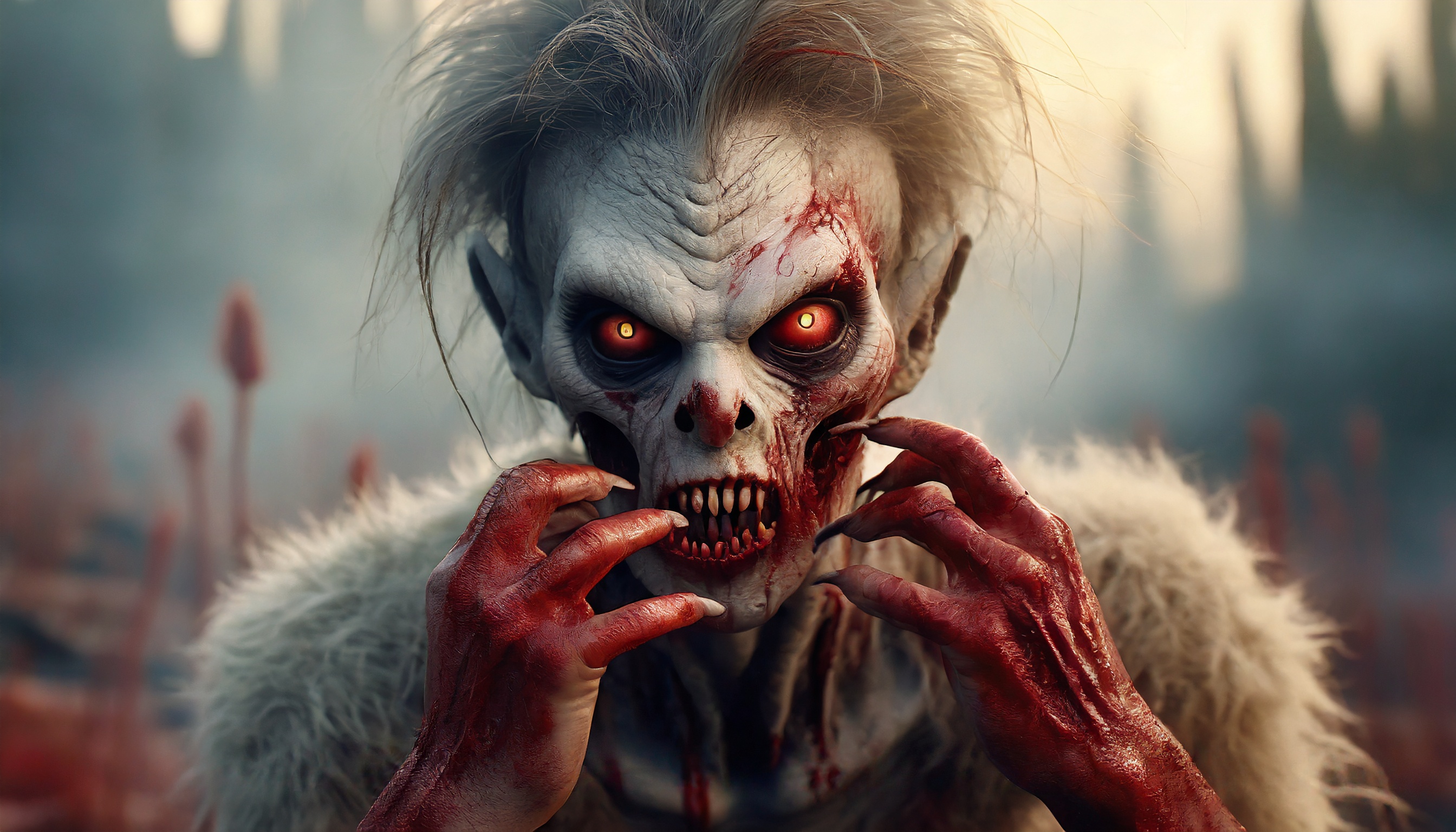 Firefly monster alien zombie with hair hiding behind blood zombie hands looks aggressively into the -5