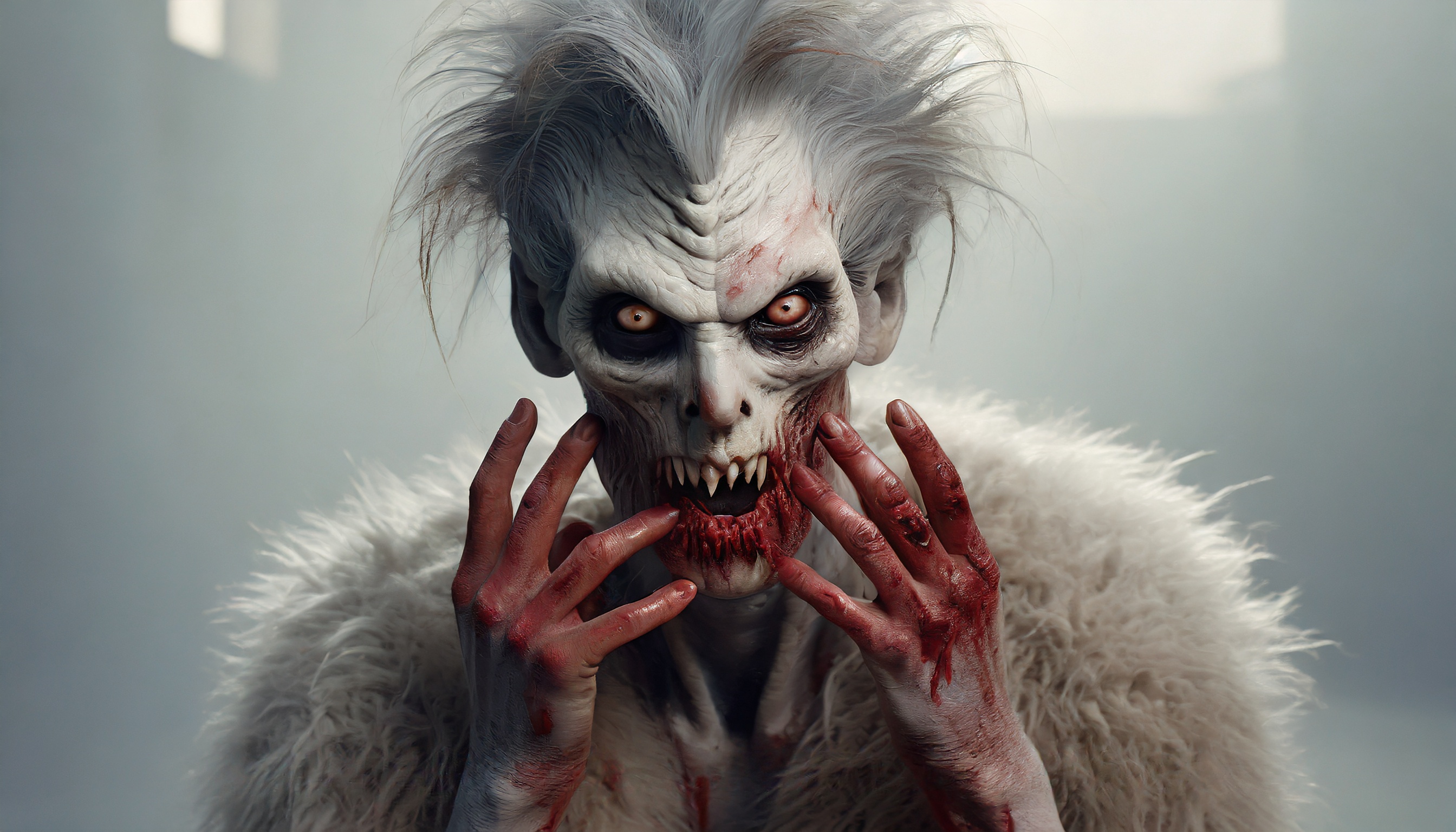 Firefly monster alien zombie with hair hiding behind blood zombie hands looks aggressively into the -6