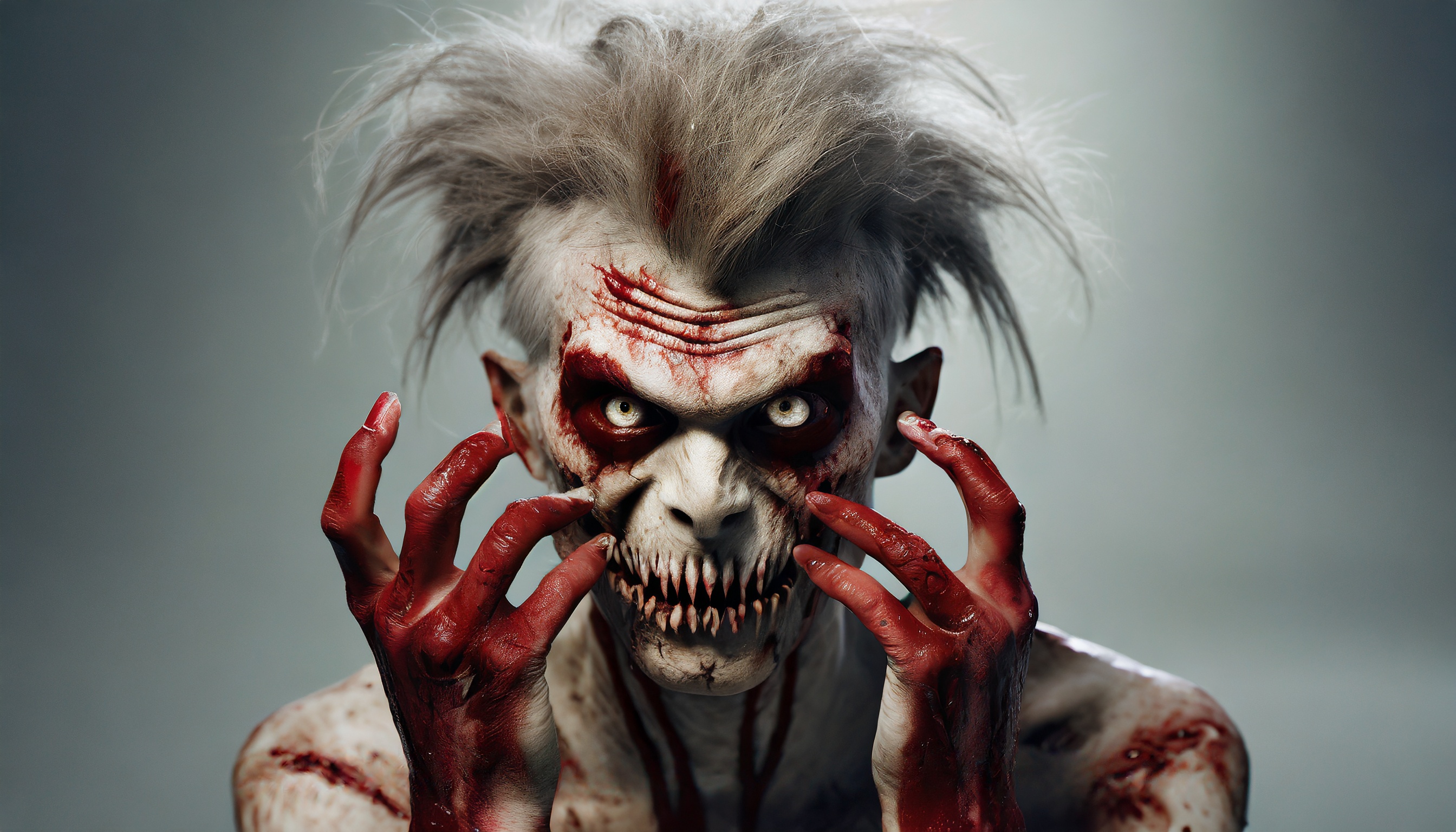 Firefly monster alien zombie with hair hiding behind blood zombie hands looks aggressively into the -7