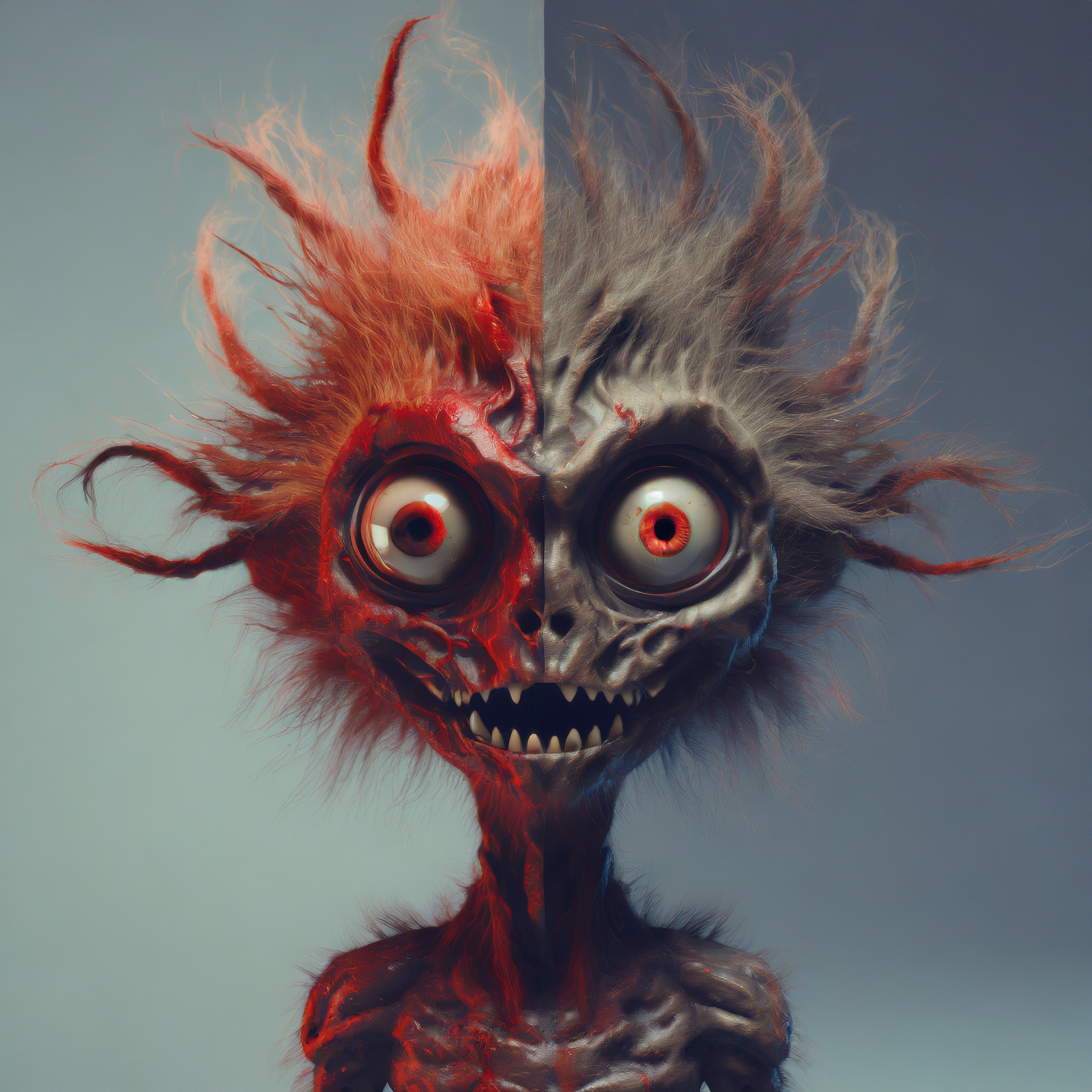 Firefly nice monster alien, nervous zombie robot with hair and blood fire, split screen 95325