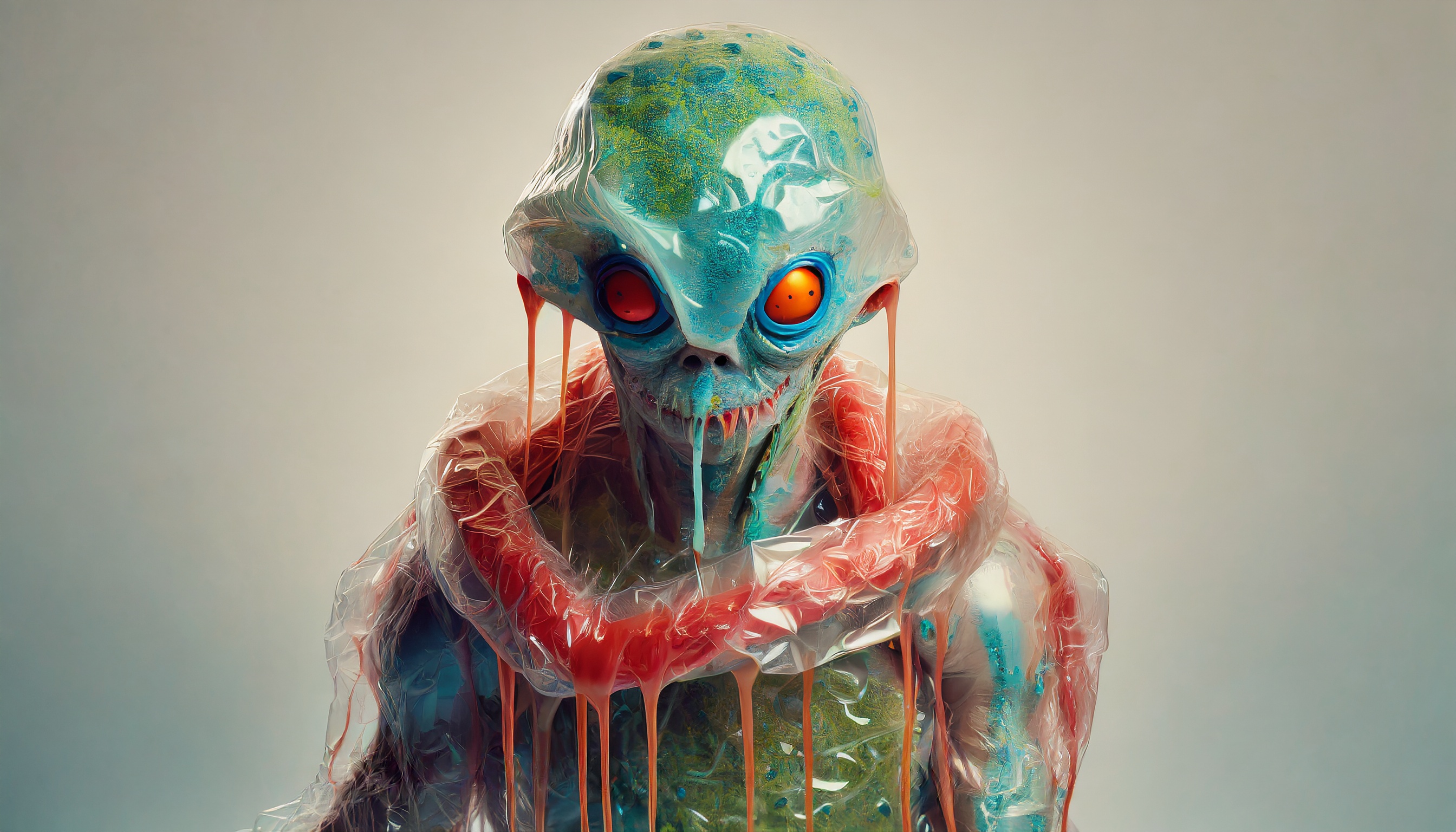 Firefly un monstre alien zombie avec une peau de papier bulle et du miel rouge et bleu dégoulinante