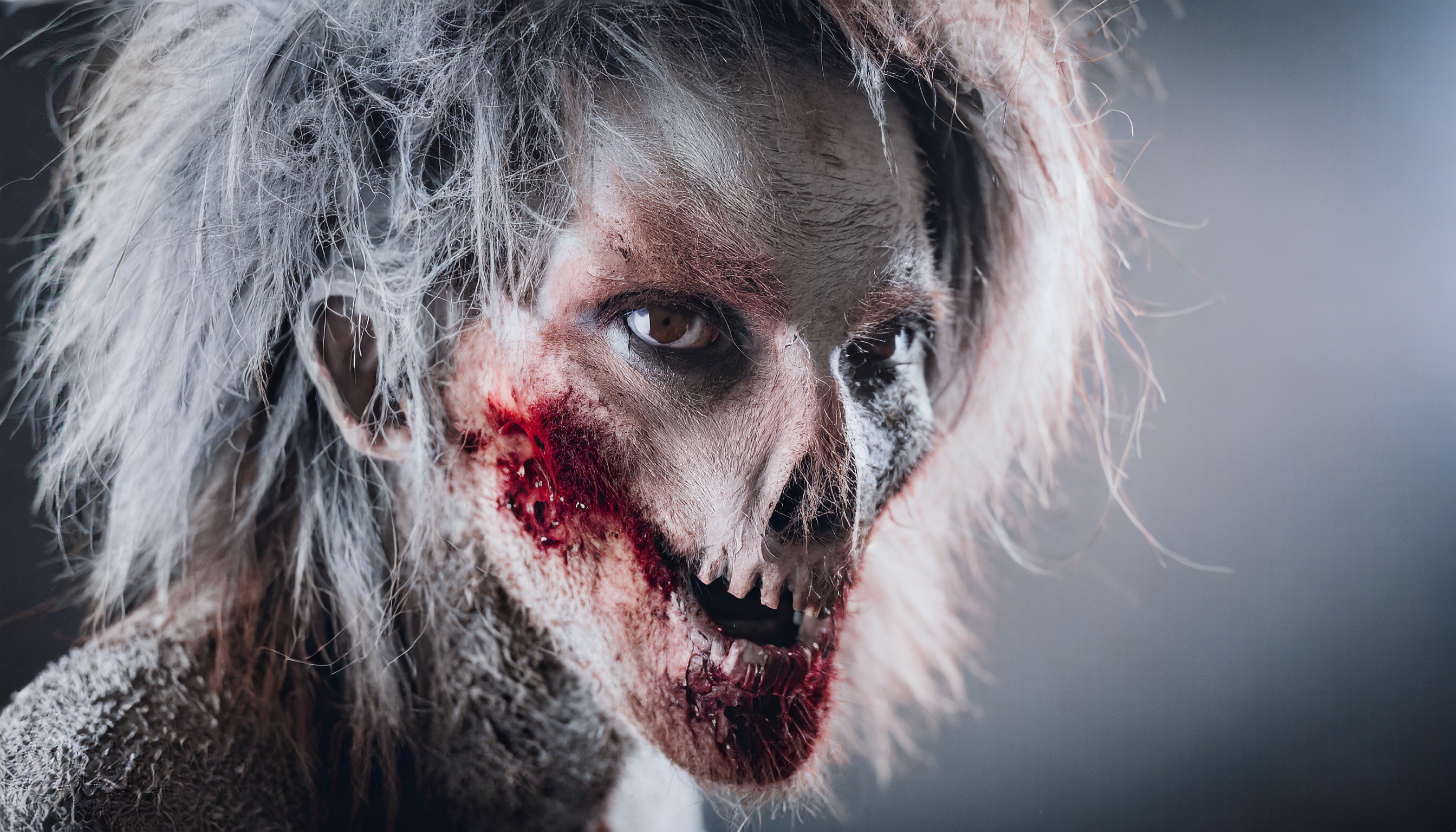 Firefly zoom sur visage d’un monstre alien zombie avec des cheveux des cicatrices et du sang et des